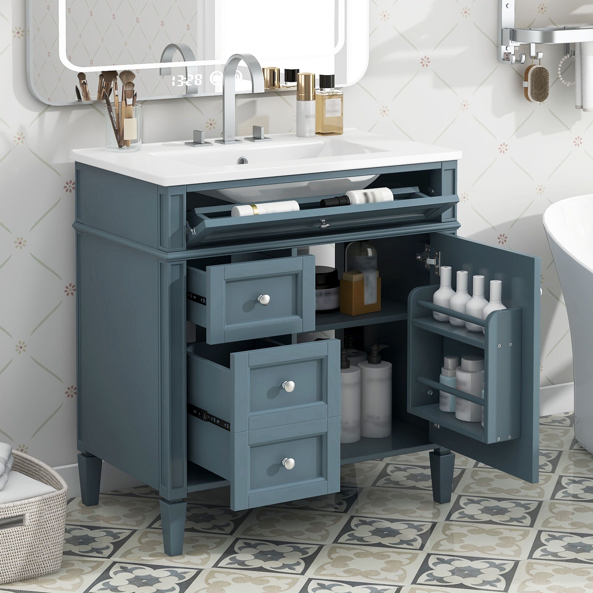 Bathroom Vanity With Top Sink, Storage Cabinet With 2 Drawers And Tip Out Drawer, Rectangular Design - Indigo Blue