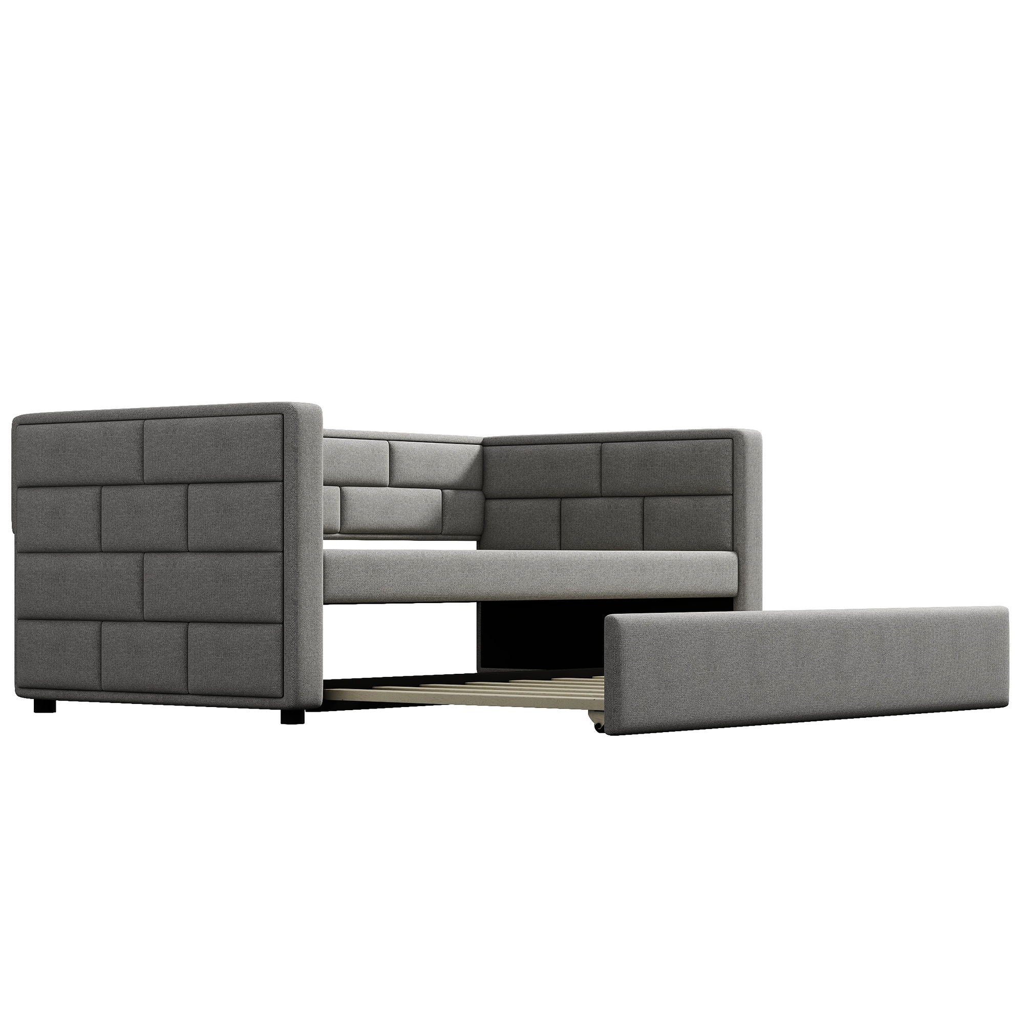 Upholstered Twin Size Daybed With Trundle, Padded Back And Sides - Gray