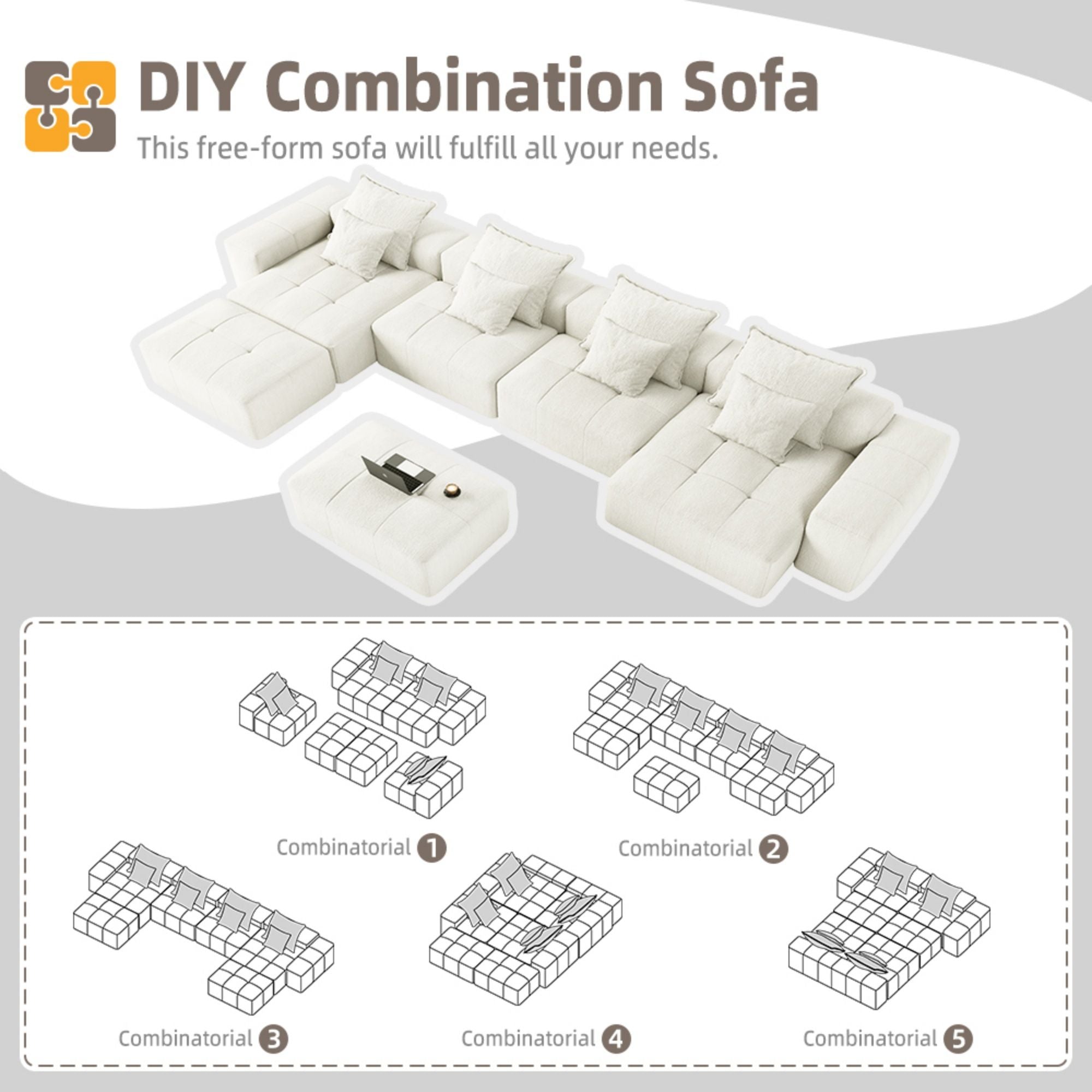 Modern Oversized Diy Combination Modular Sectional Sofa With Pillows