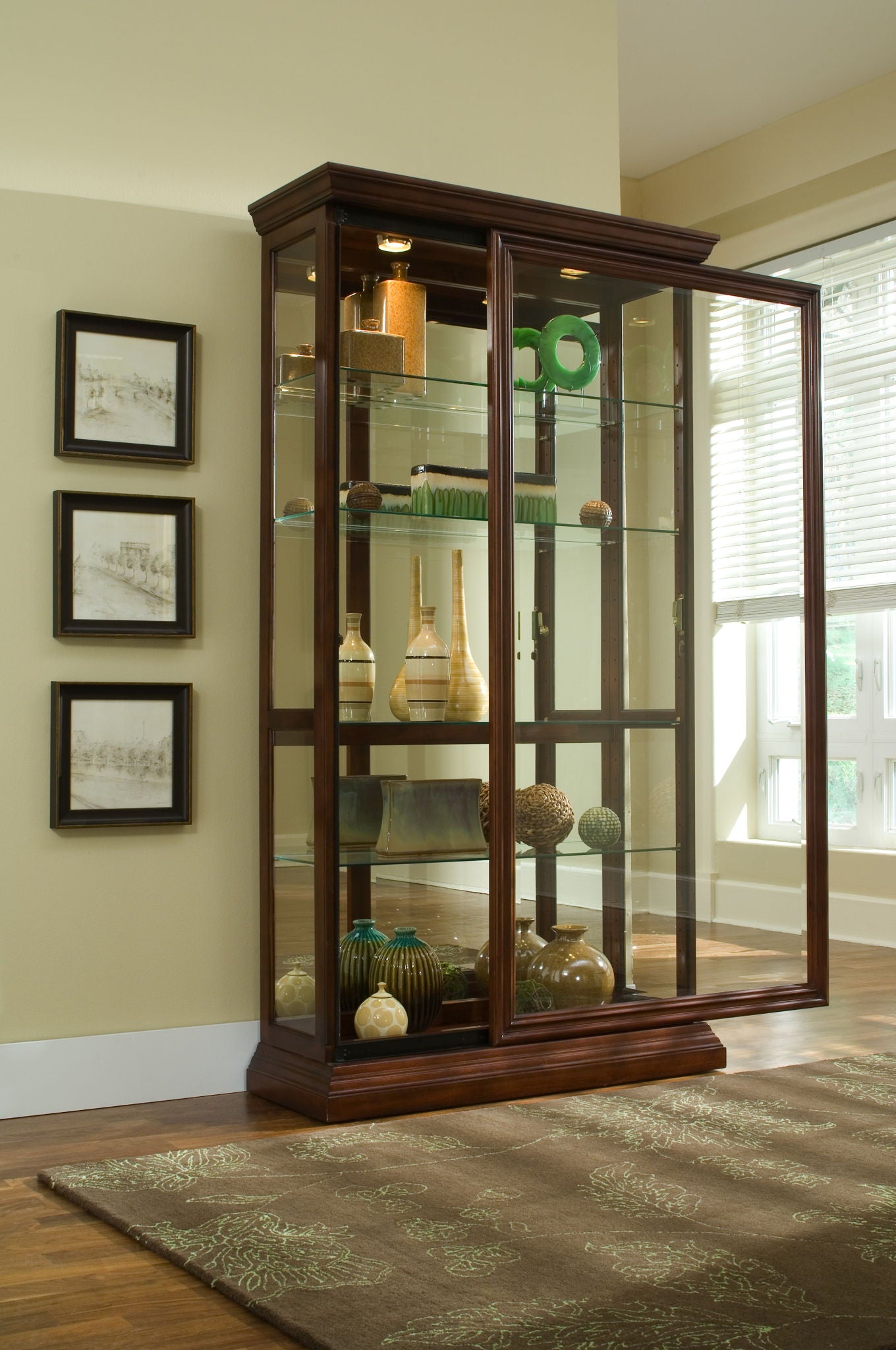 PFC Curios - Lighted Sliding Door 4 Shelf Curio Cabinet - Cherry Brown