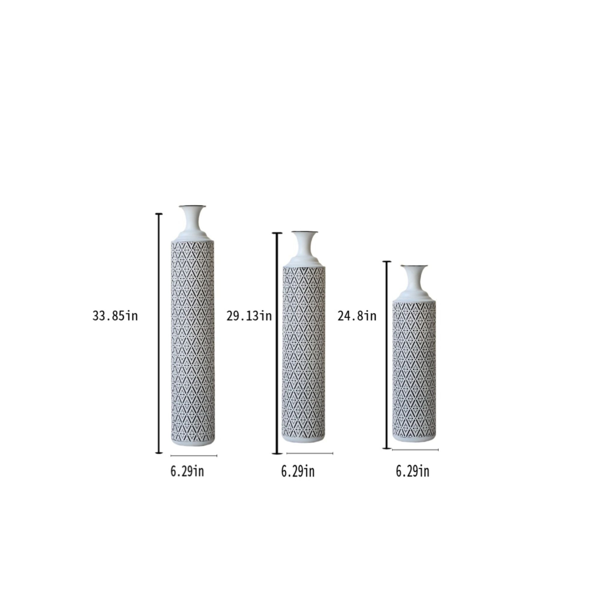 Modern Floor Vase Set Metal Vases With Geometric Pattern, 3 Piece Home Decor Set - White / Black