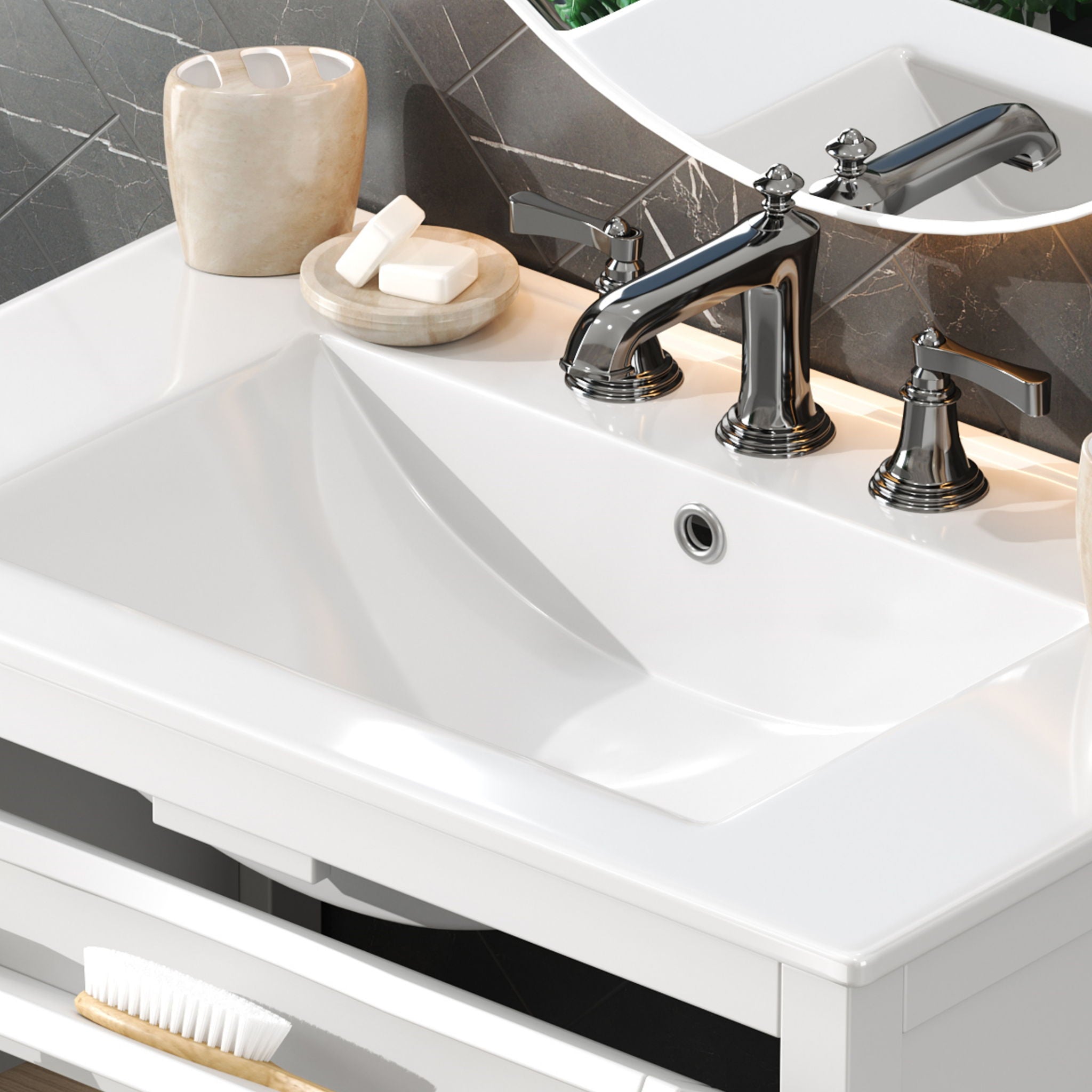 Bathroom Vanity With Ceramic Sink, Adjustable Shelf & Tip Out Tray