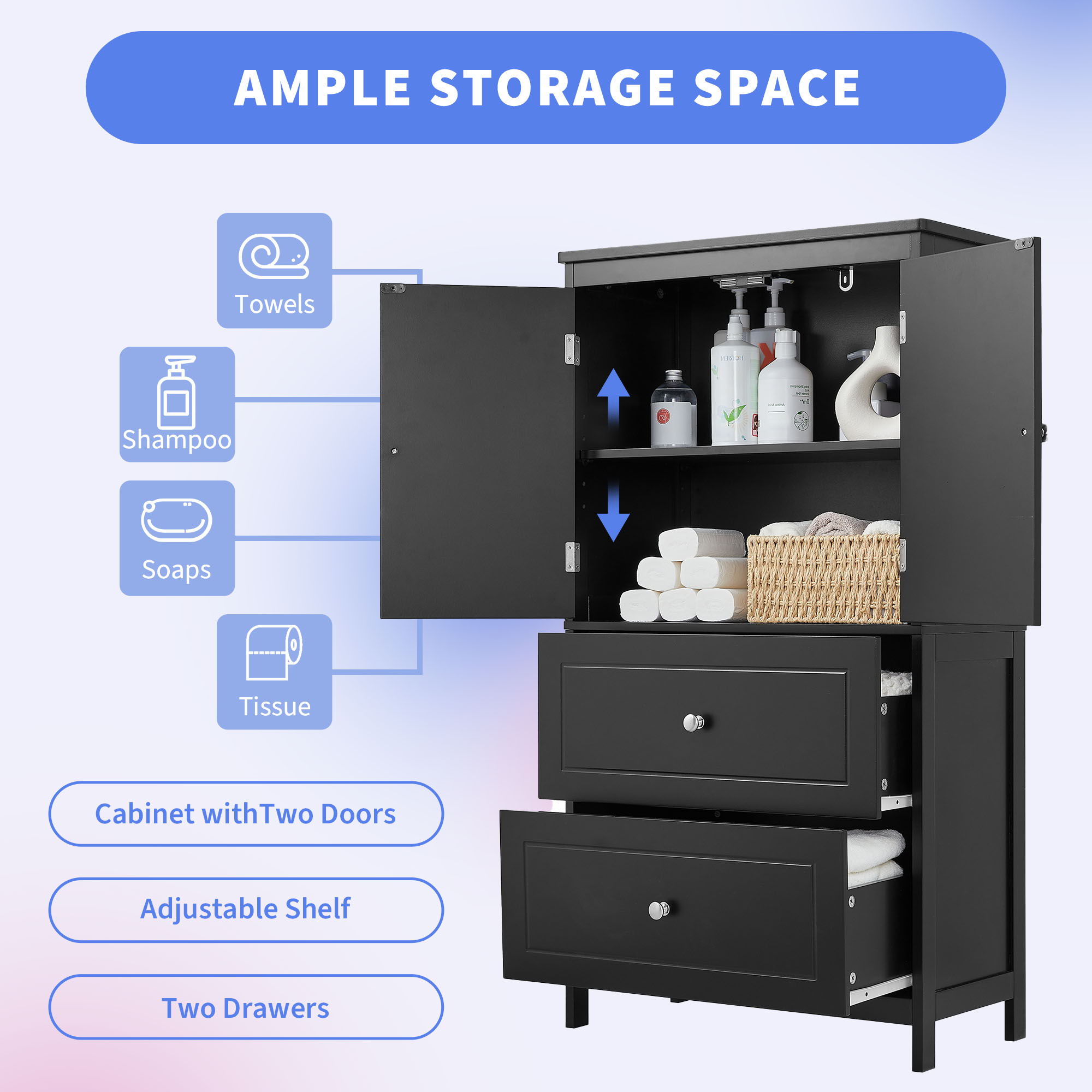 Bathroom Storage Cabinet With 2 Doors And Drawers, Adjustable Shelf