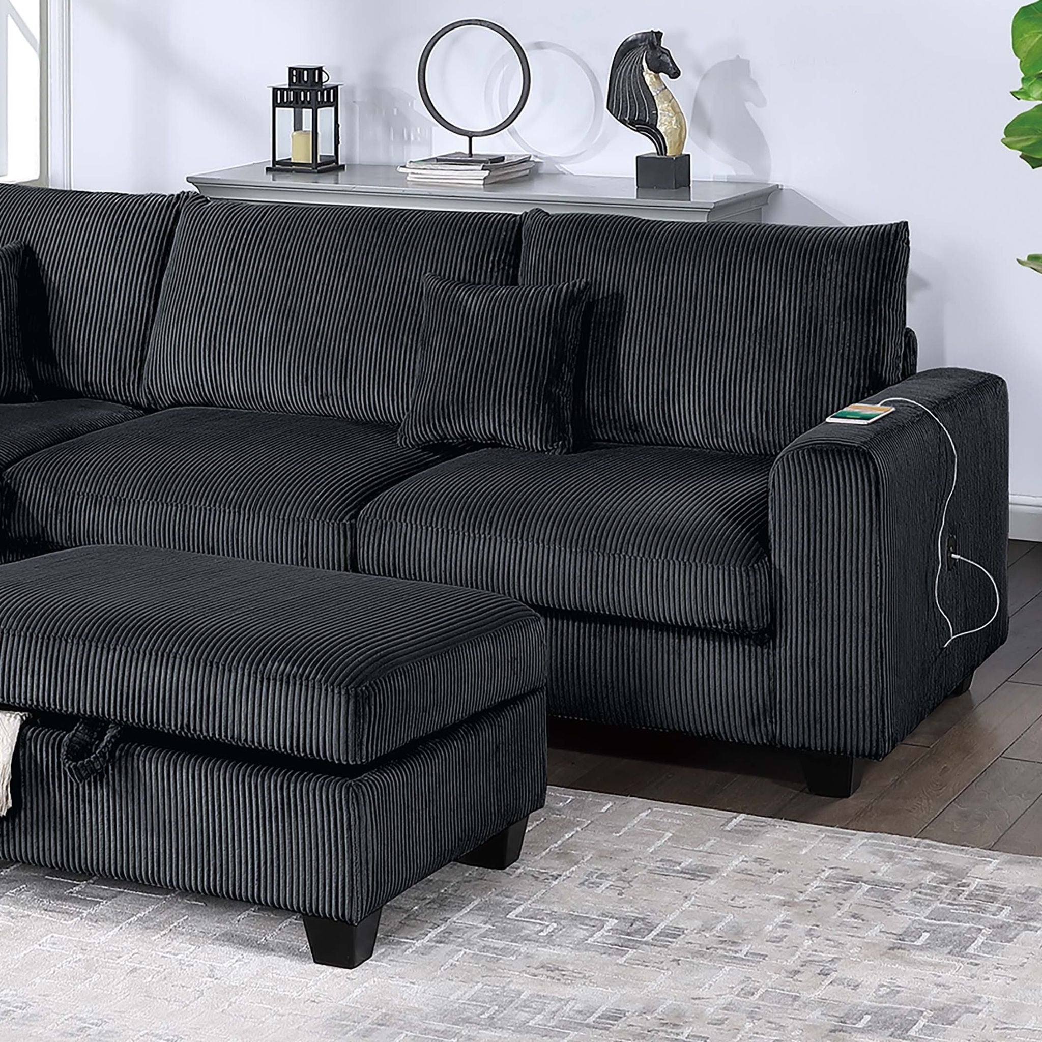 Modern Style Sectional Set With USB Port, Storage Ottoman
