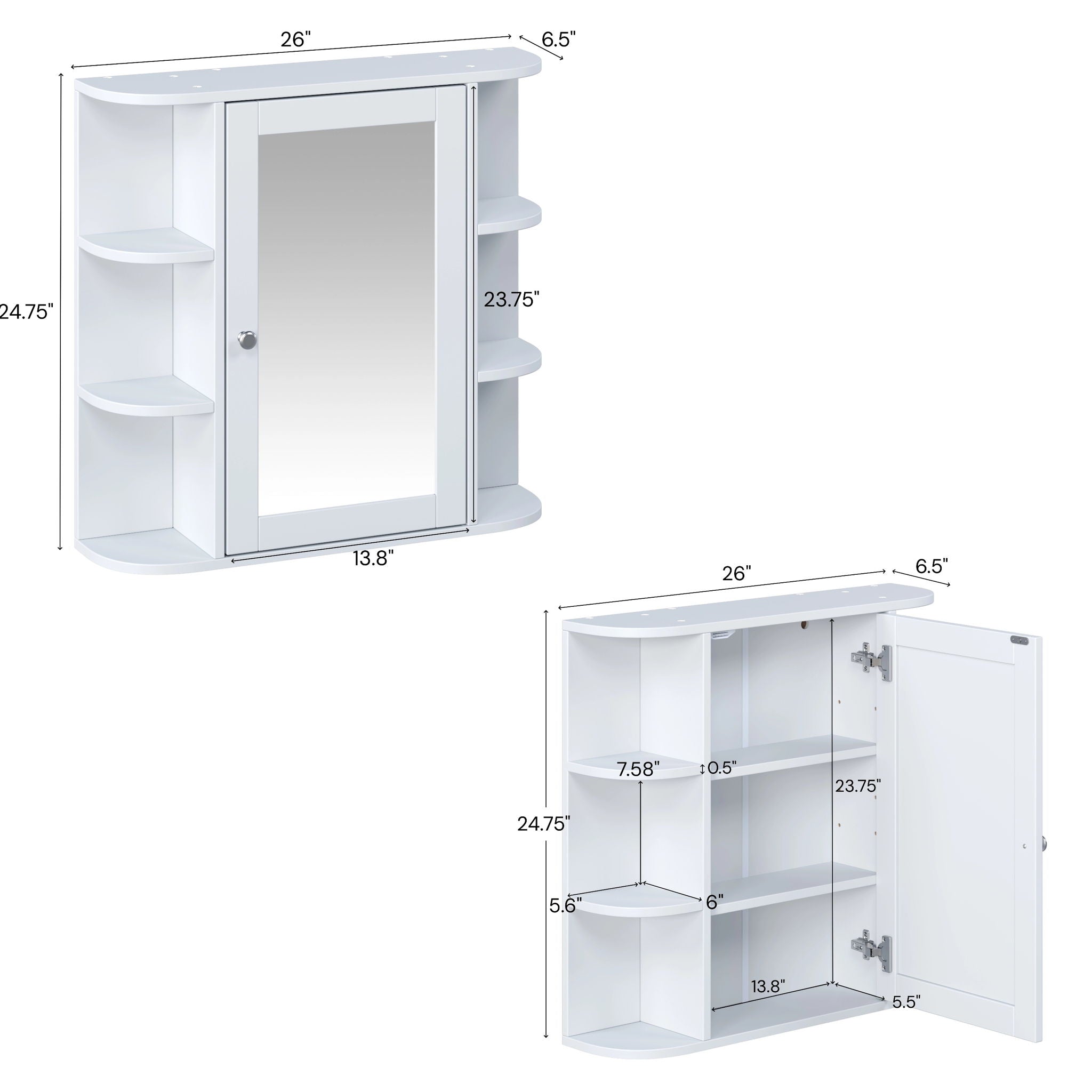 Bathroom Wall Storage Cabinet With Mirror And Adjustable Shelf, 6 Open Shelves
