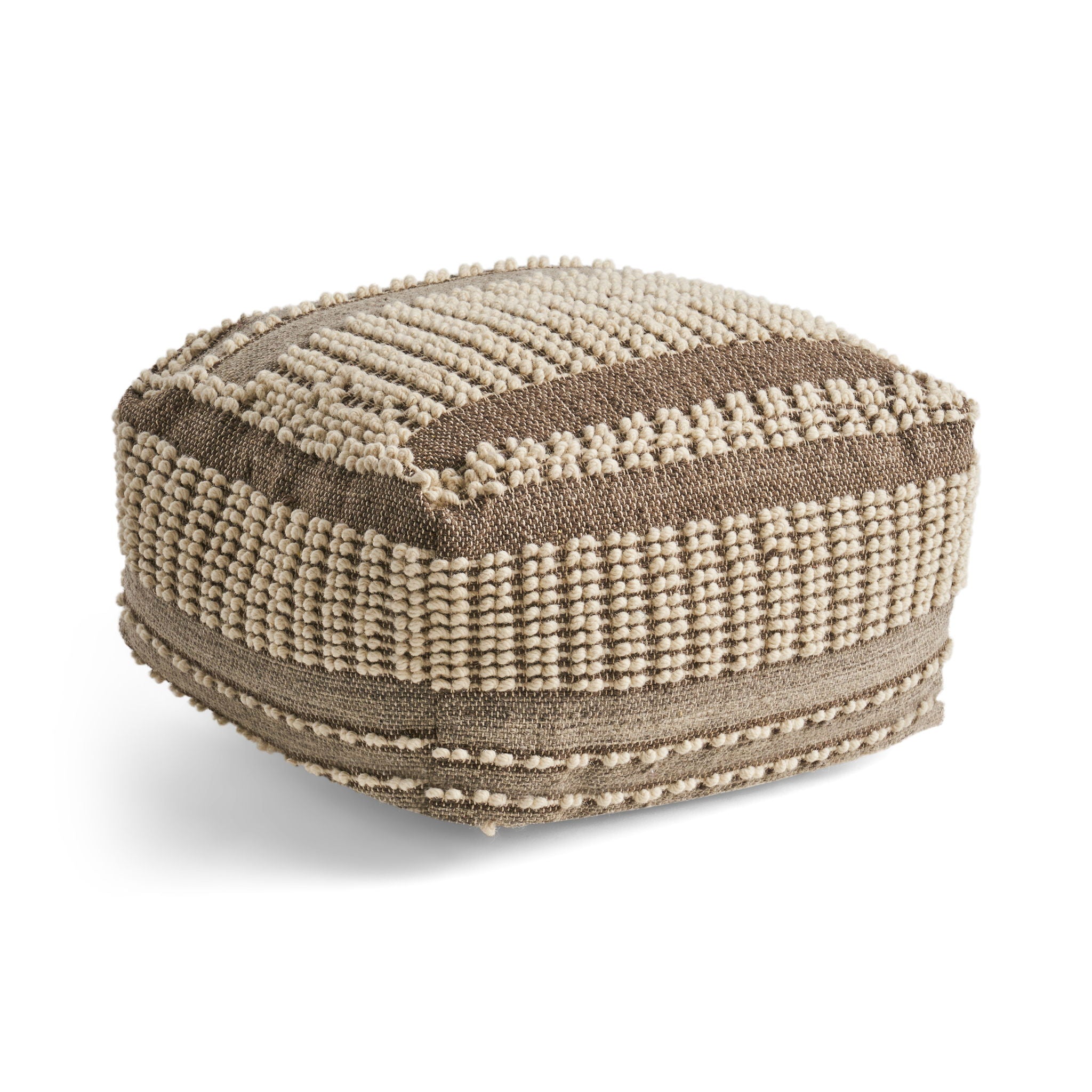 Rustic Wool And Cotton Large Pouf, Handcrafted Tufted Design - Brown / Beige
