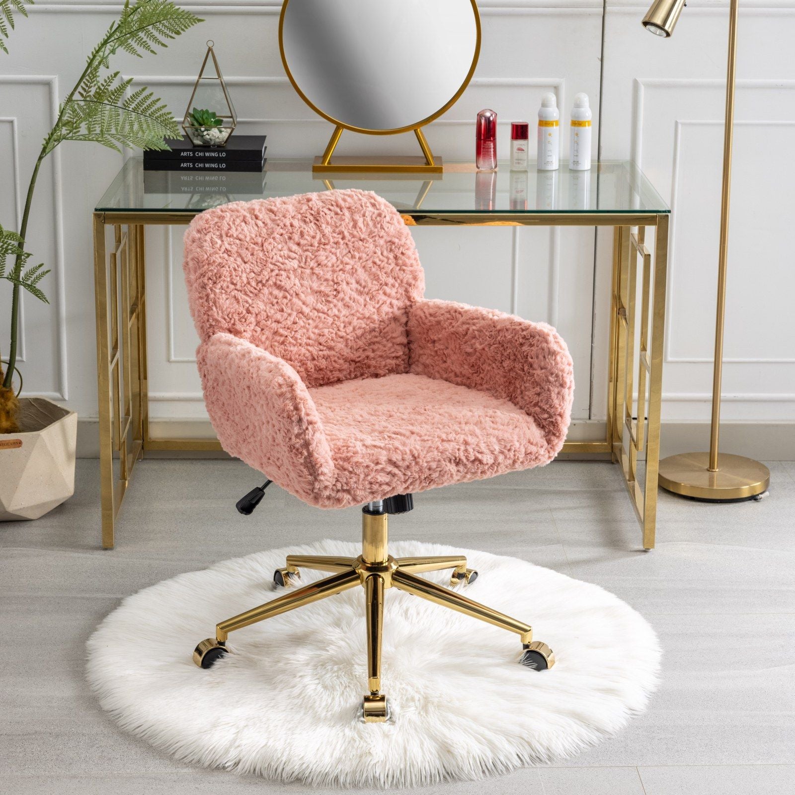 Office Chair, Artificial Rabbit Hair Home Office Chair With Metal Base, Adjustable Desk Chair Swivel Office Chair, Vanity Chair