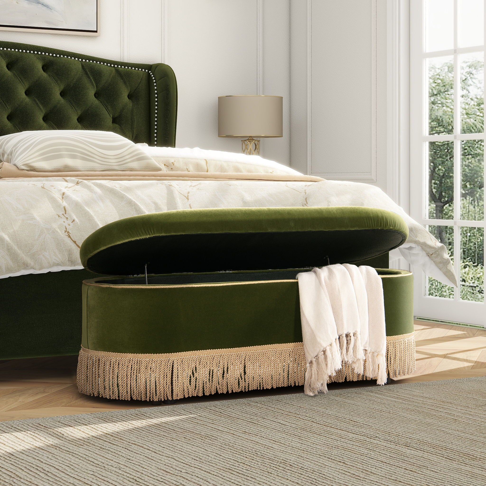 Melinda - Oval Tufted Bullion Fringe Storage Bench