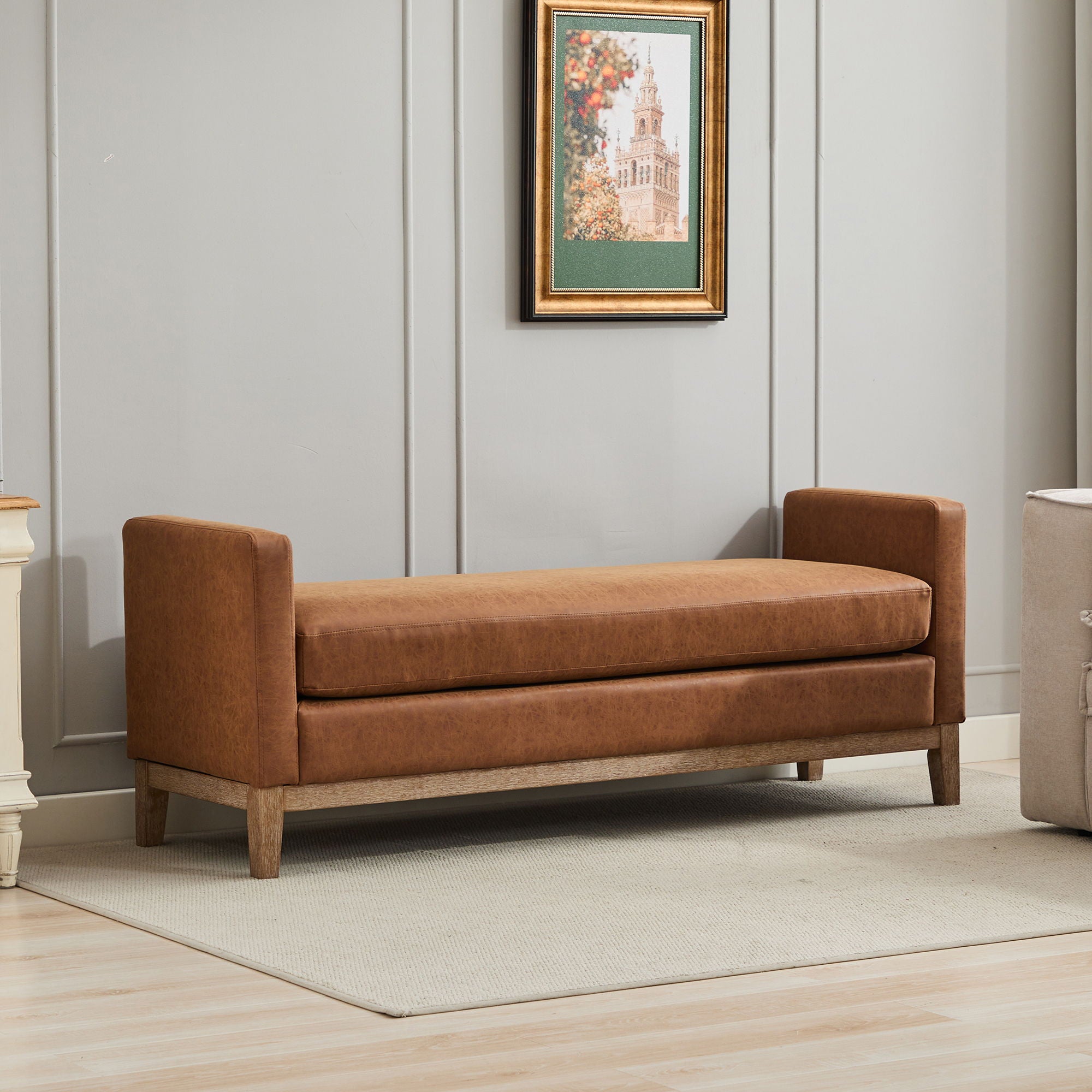Elegant Upholstered Bench Daybed Ottoman With Bolster Pillows