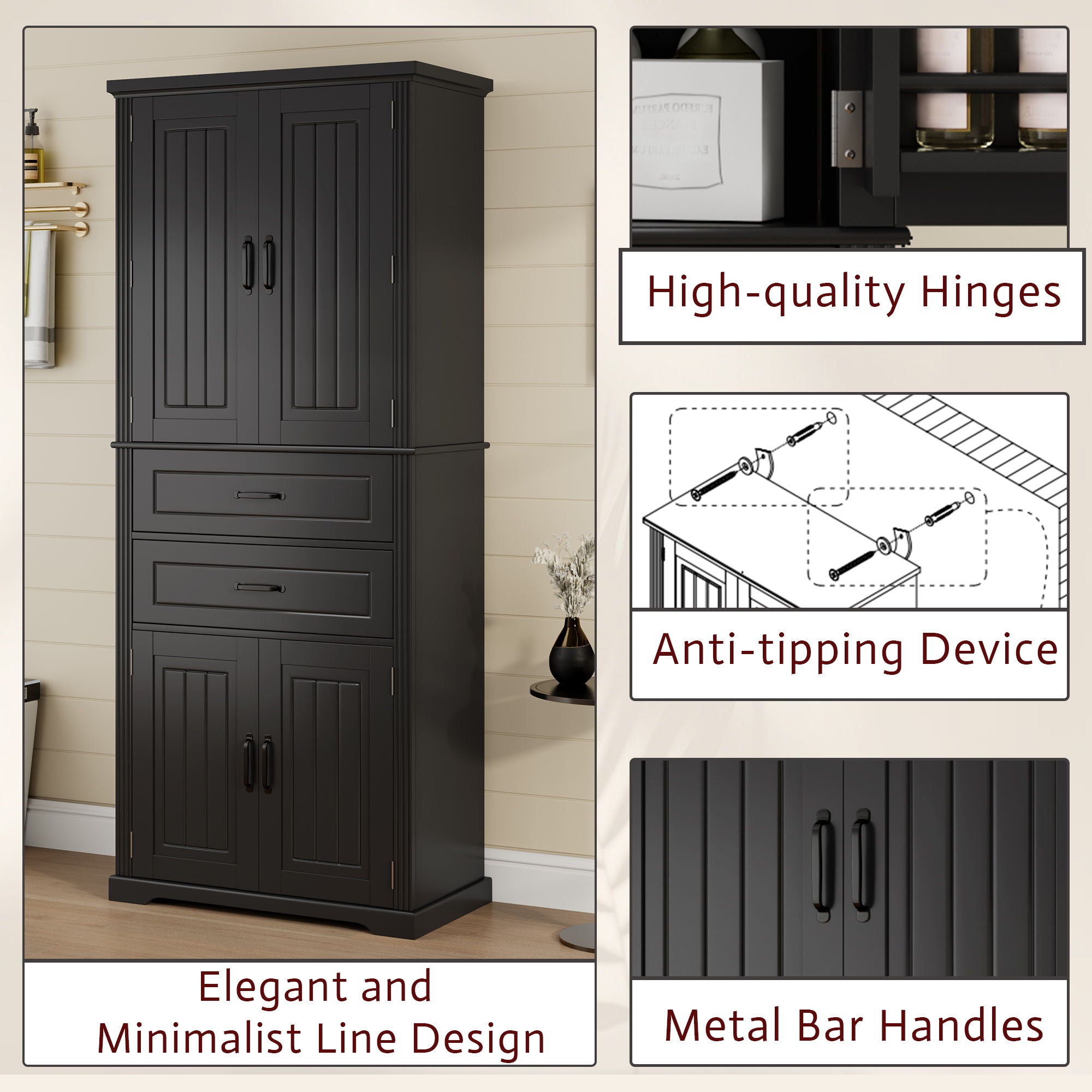 Multi Functional Storage Cabinet With Adjustable Shelves, 2 Drawers, Door Shelves
