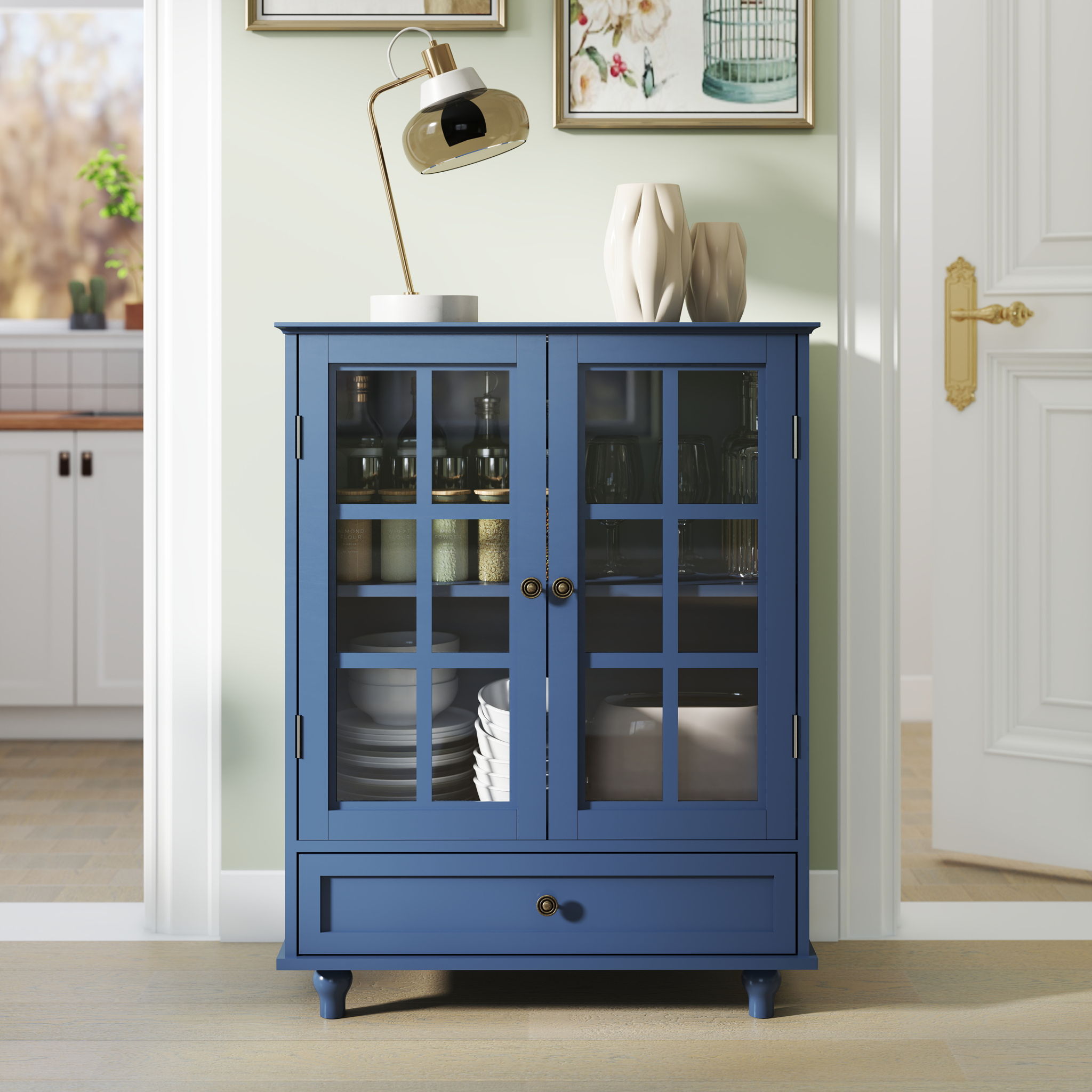 Minimalist Buffet Cabinet With Double Glass Doors And Drawer