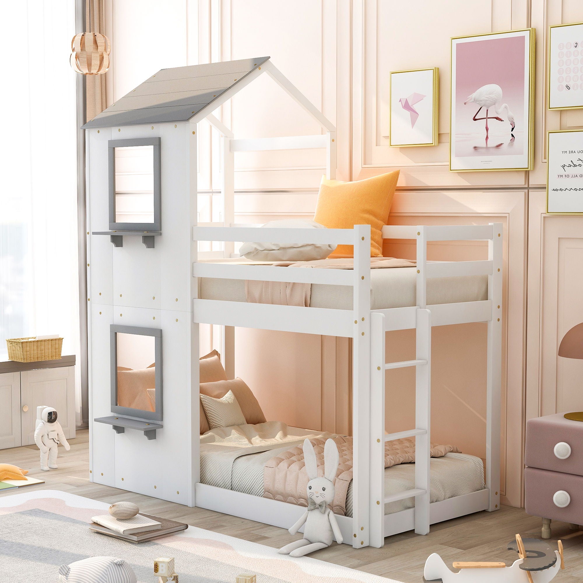 Bunk Bed Wood Bed & Roof, Window, Guardrail, Ladder