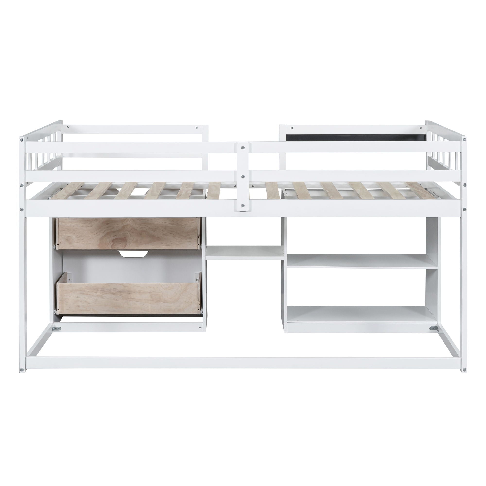 Low Loft Bed With Rolling Desk, Shelf And Drawers
