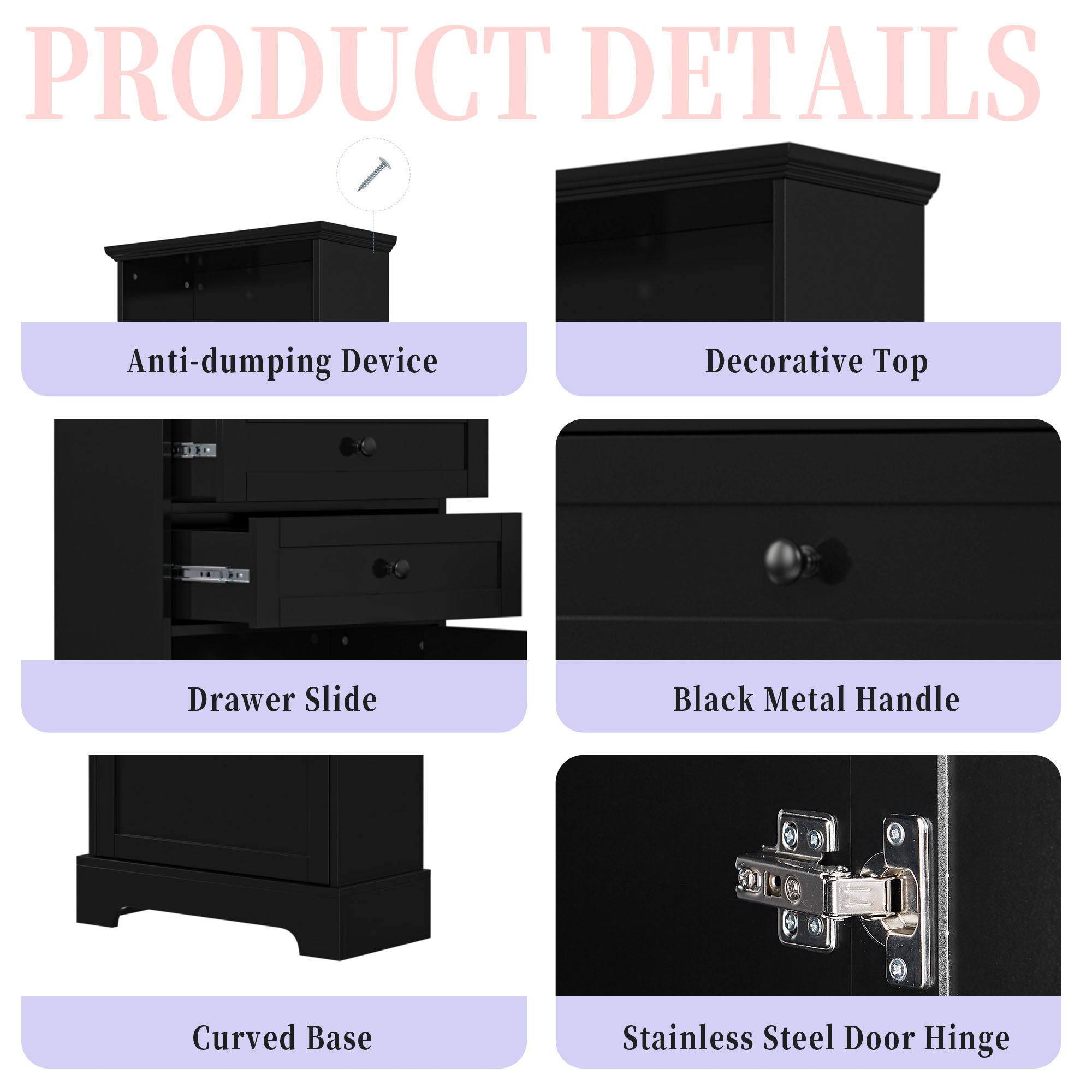 Tall Storage Cabinet With 3 Drawers And Adjustable Shelves For Bathroom
