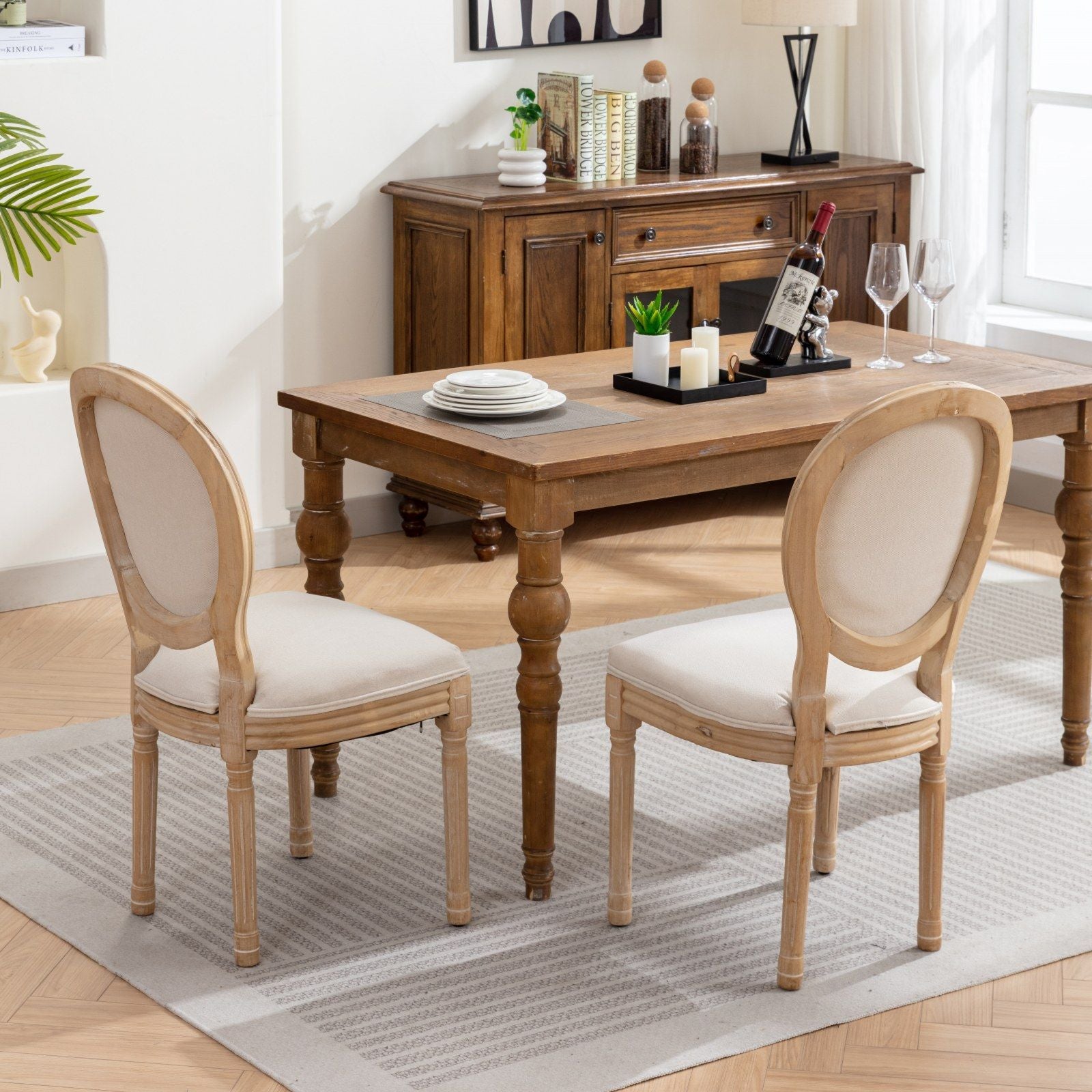 French Style Solid Wood Frame Antique Painting Fabric Back Dining Chair (Set of 2)