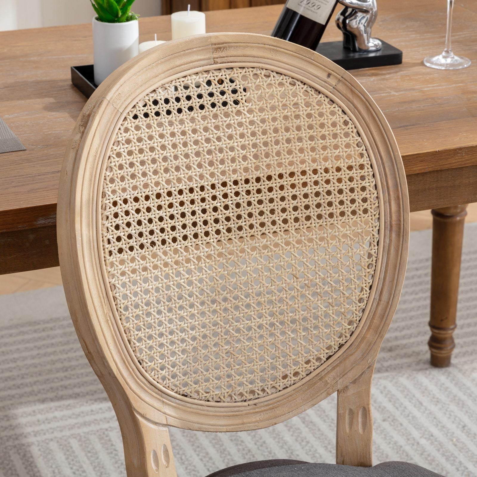 French Style Solid Wood Frame Antique Painting Fabric Rattan Back Dining Chair (Set of 2)