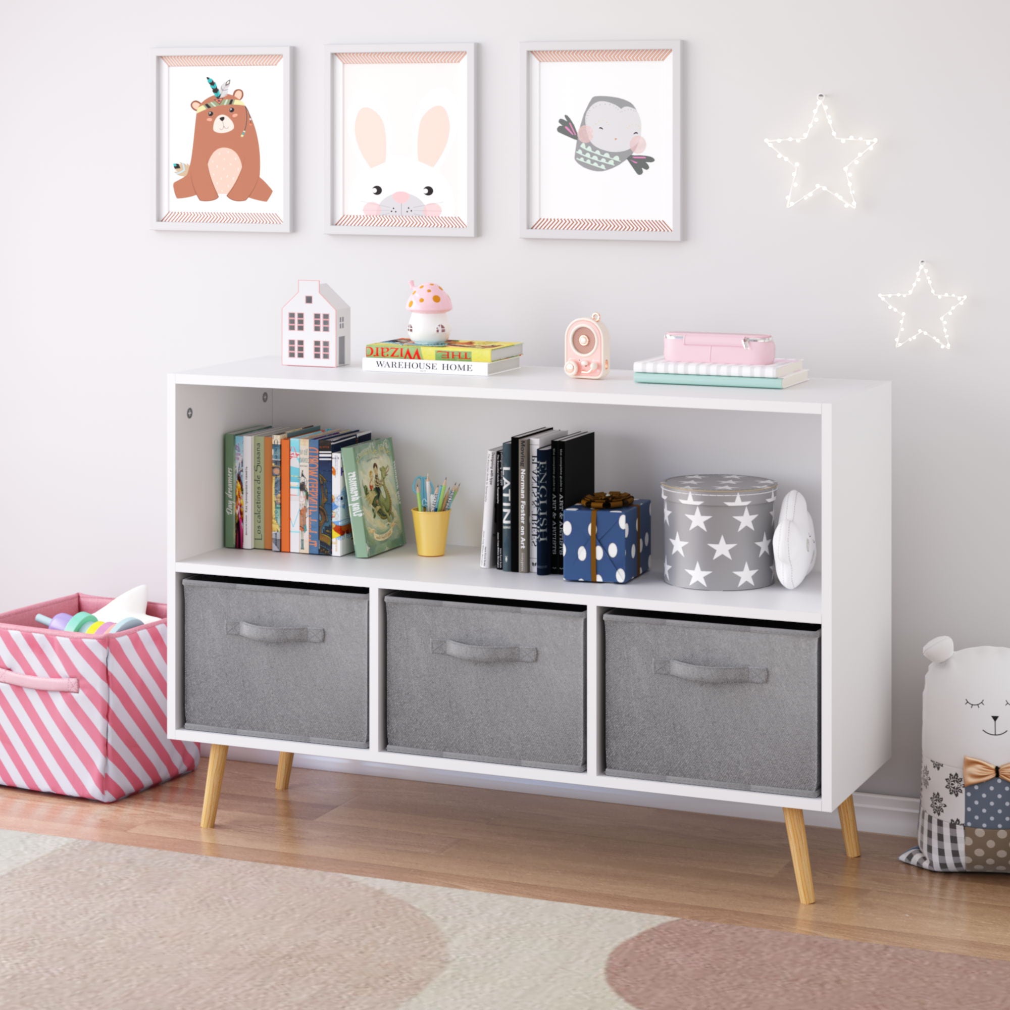 Bookcase With Collapsible Drawers, Book Display Organizer