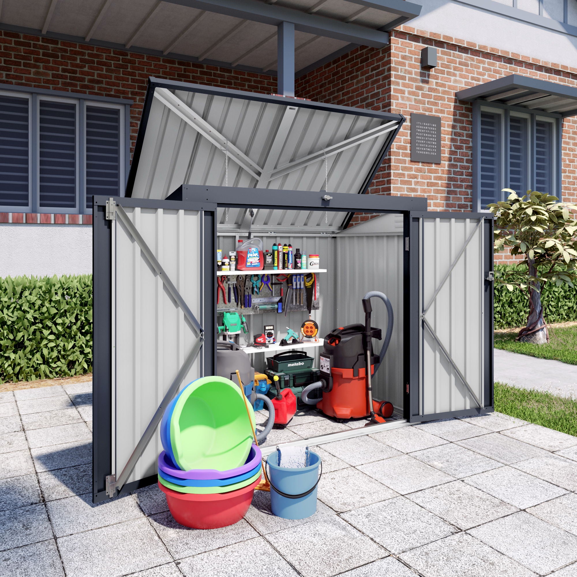 Outdoor Trash Can Storage Shed For 2 Bins Garbage - Gray