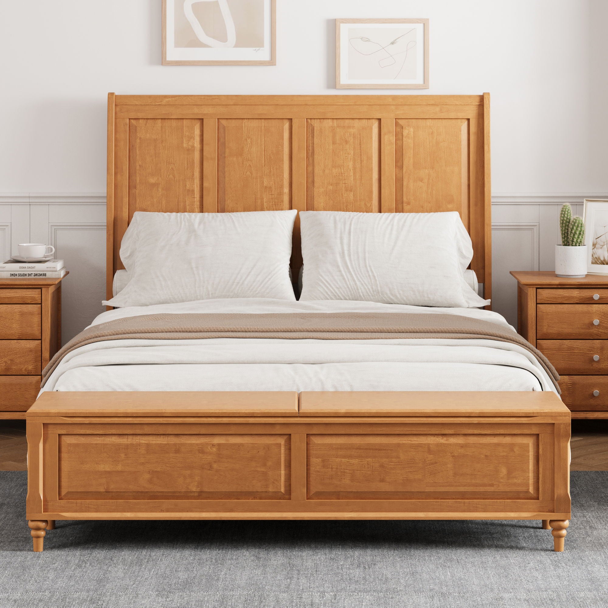 Sleigh Bed Frame With Tall Headboard And Storage Bench
