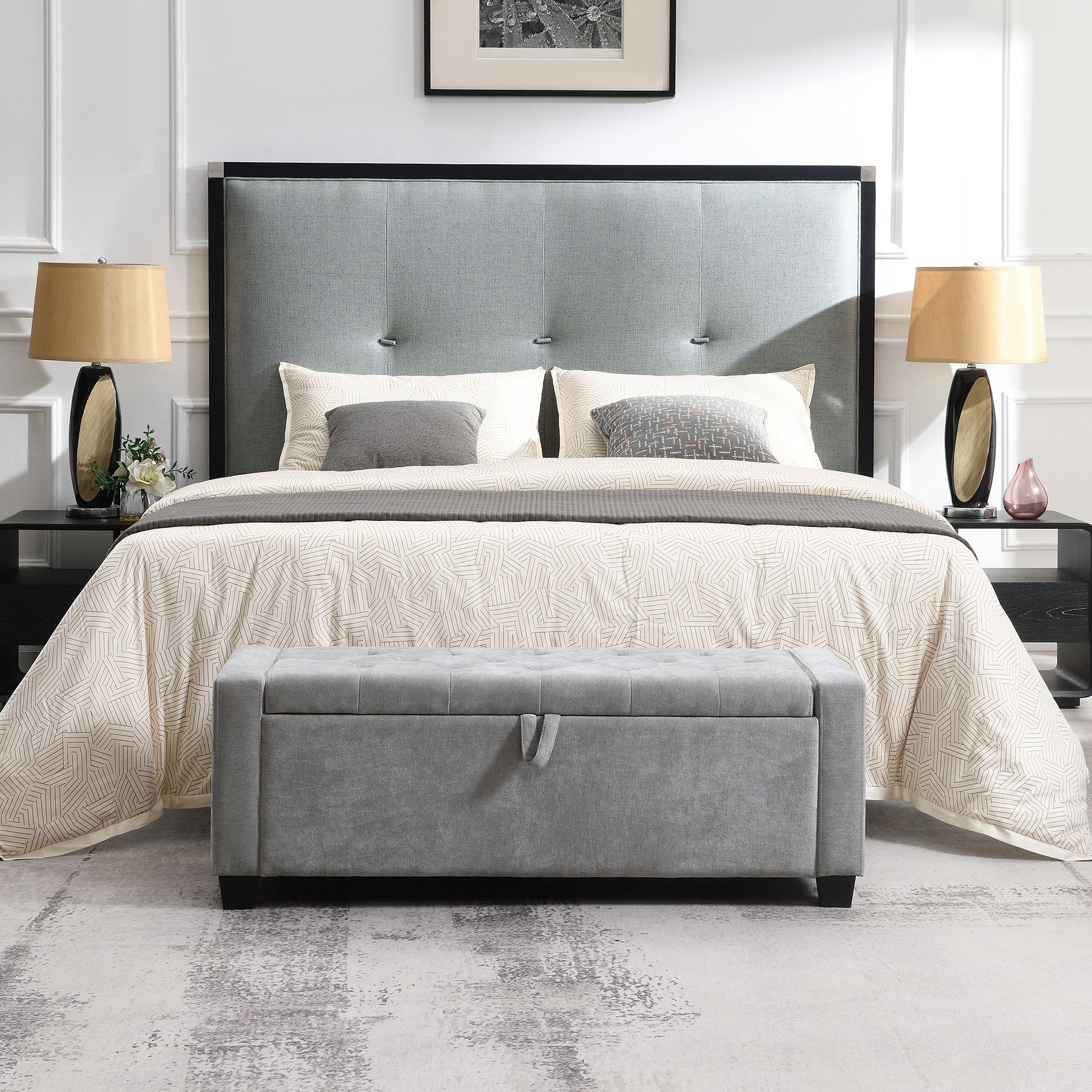 Upholstered Storage Ottoman Bench With Button Tufting And Safety Hinge