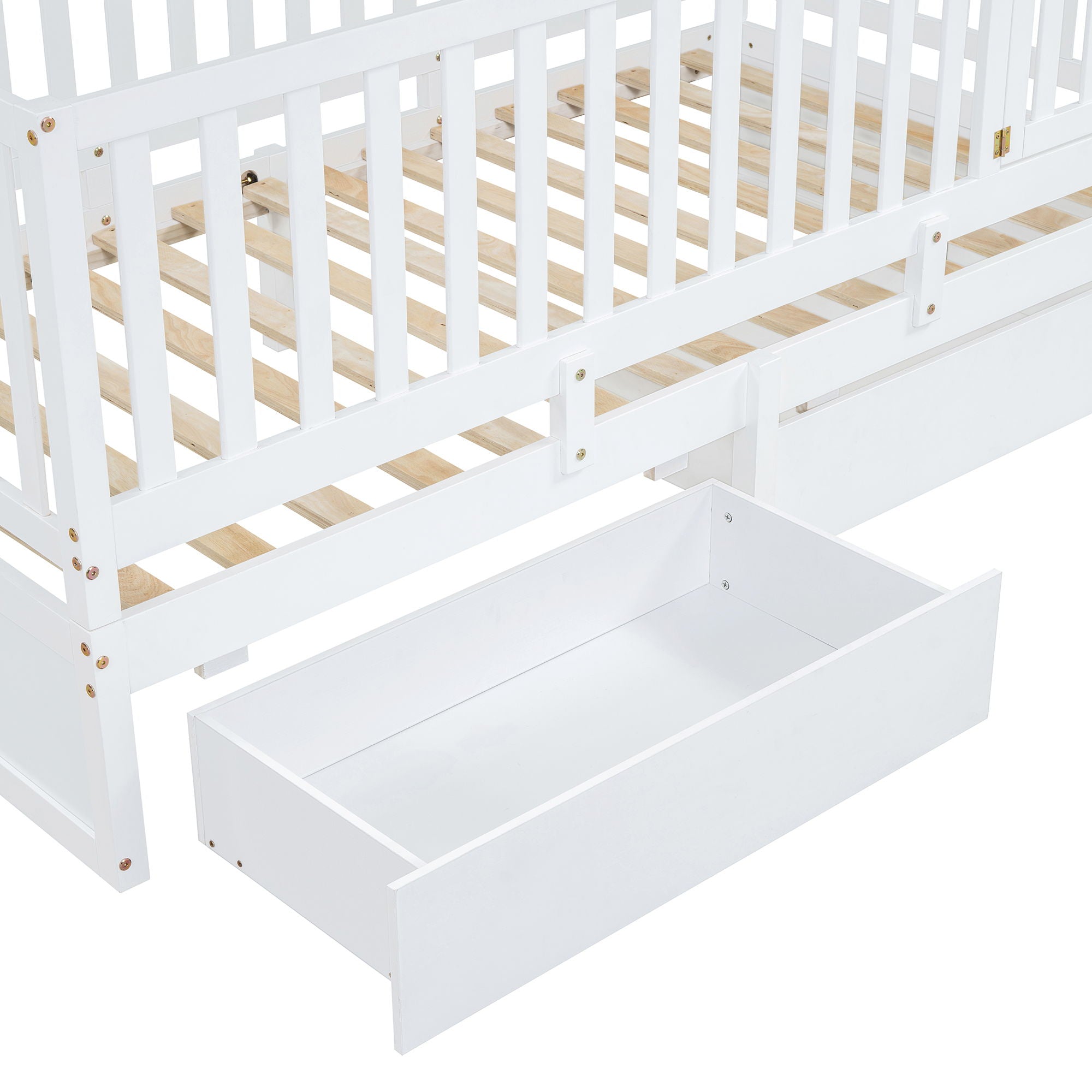 Daybed With Fence Guardrails And 2 Drawers, Split Into Independent Floor Bed & Daybed