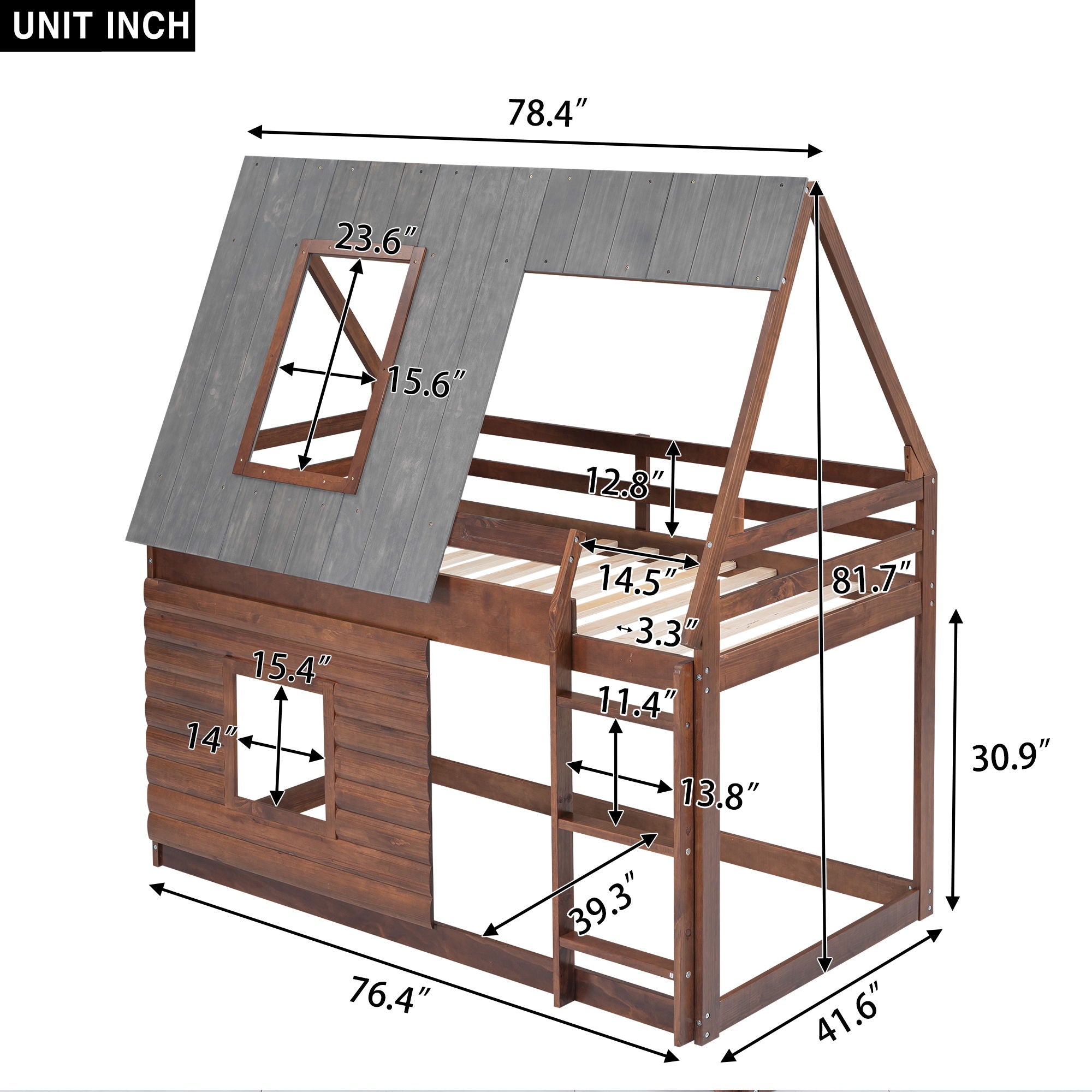 Twin Size House Bunk Bed With Roof, Ladder And 2 Windows - Brown & Smoky Gray