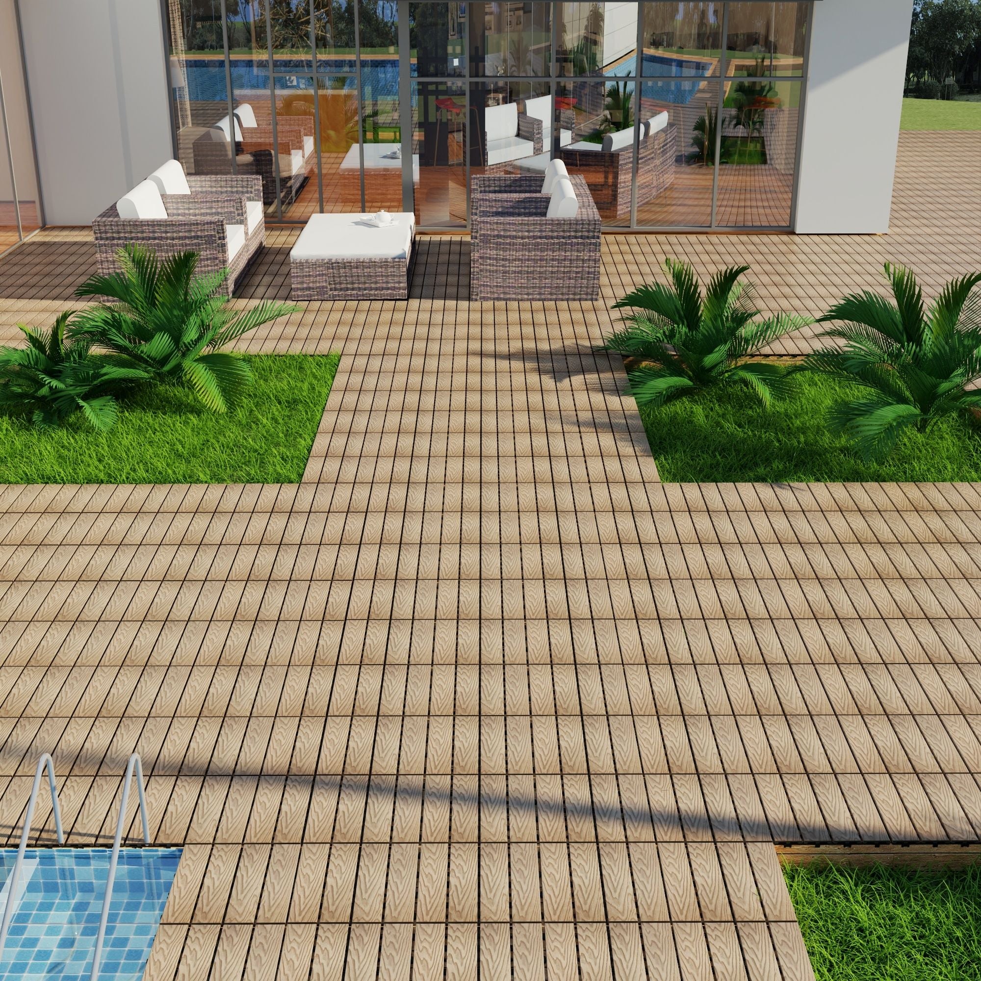 Patio Deck Tiles, Interlocking Diy Flooring For Indoor / Outdoor Use (Set of 22) - Teak