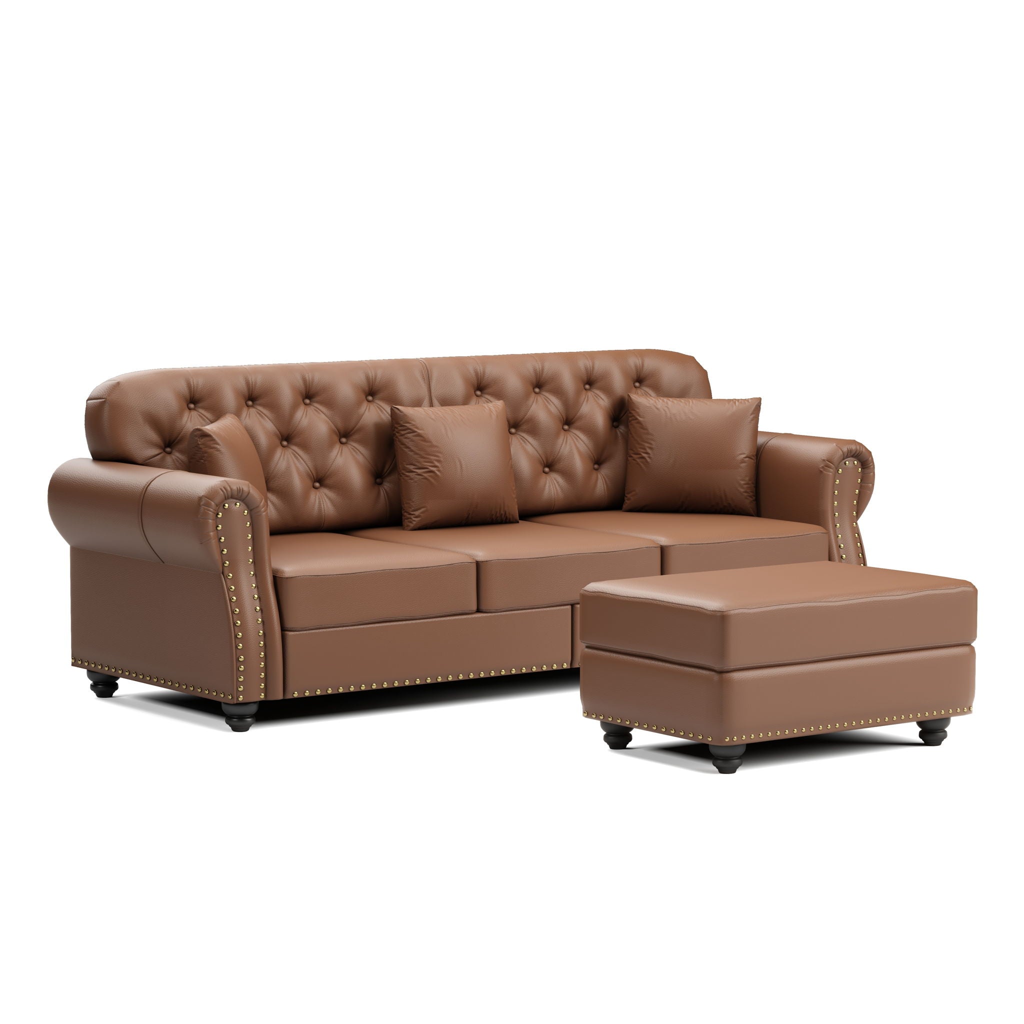 Upholstered Sofa With Nailhead Trim, Rolled Armrests With Ottoman