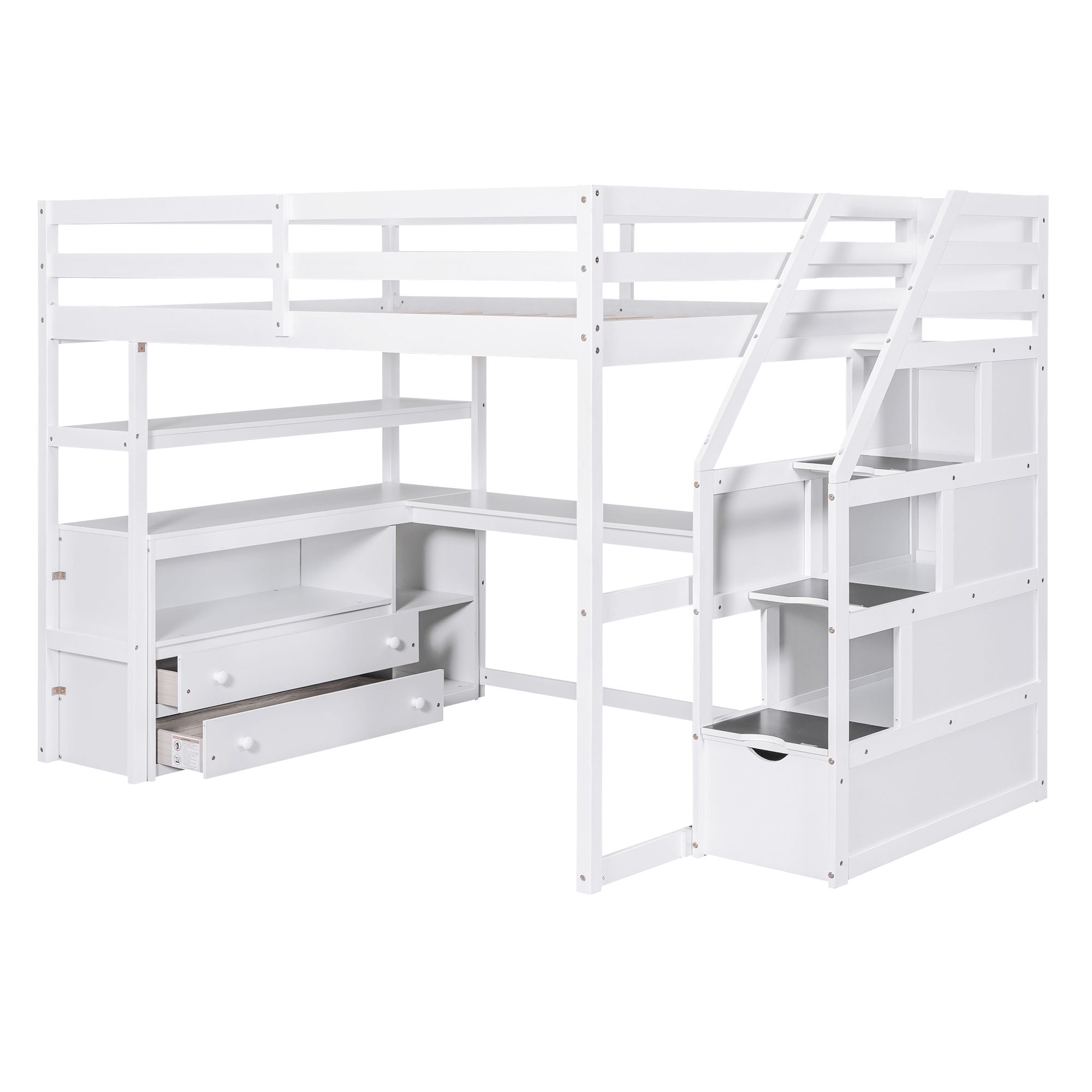 Loft Bed With Desk, Shelves, 2 Drawers, Storage Staircase