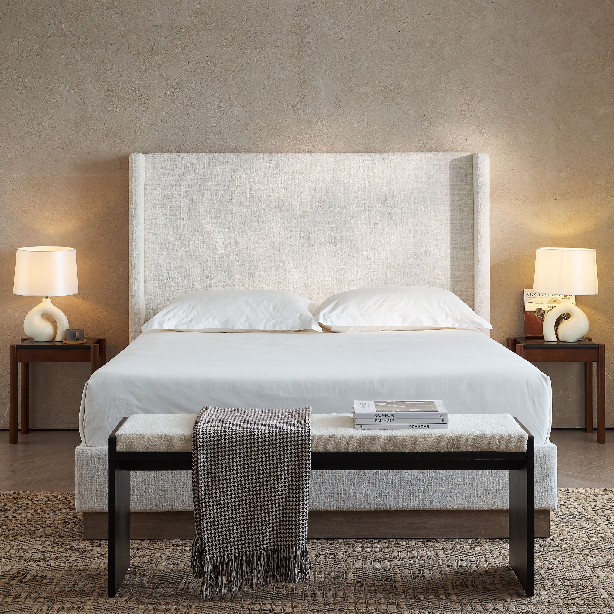 Hosford - Minimalist Upholstered Wingback Bed With Wood Base Platform
