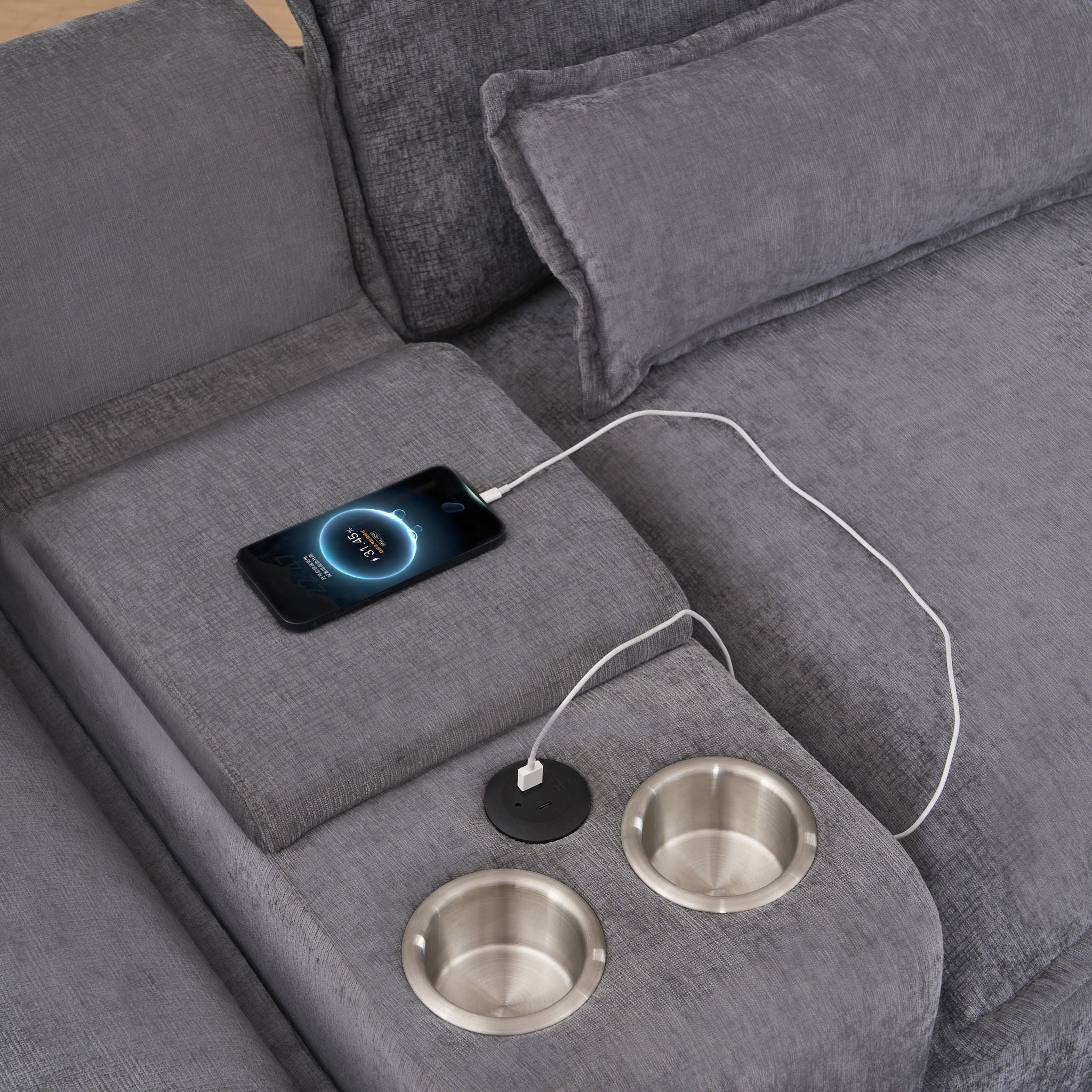 U Shaped Sofa With Console, Cupholders, USB Ports, 6 Seat, Bronzing Suede &