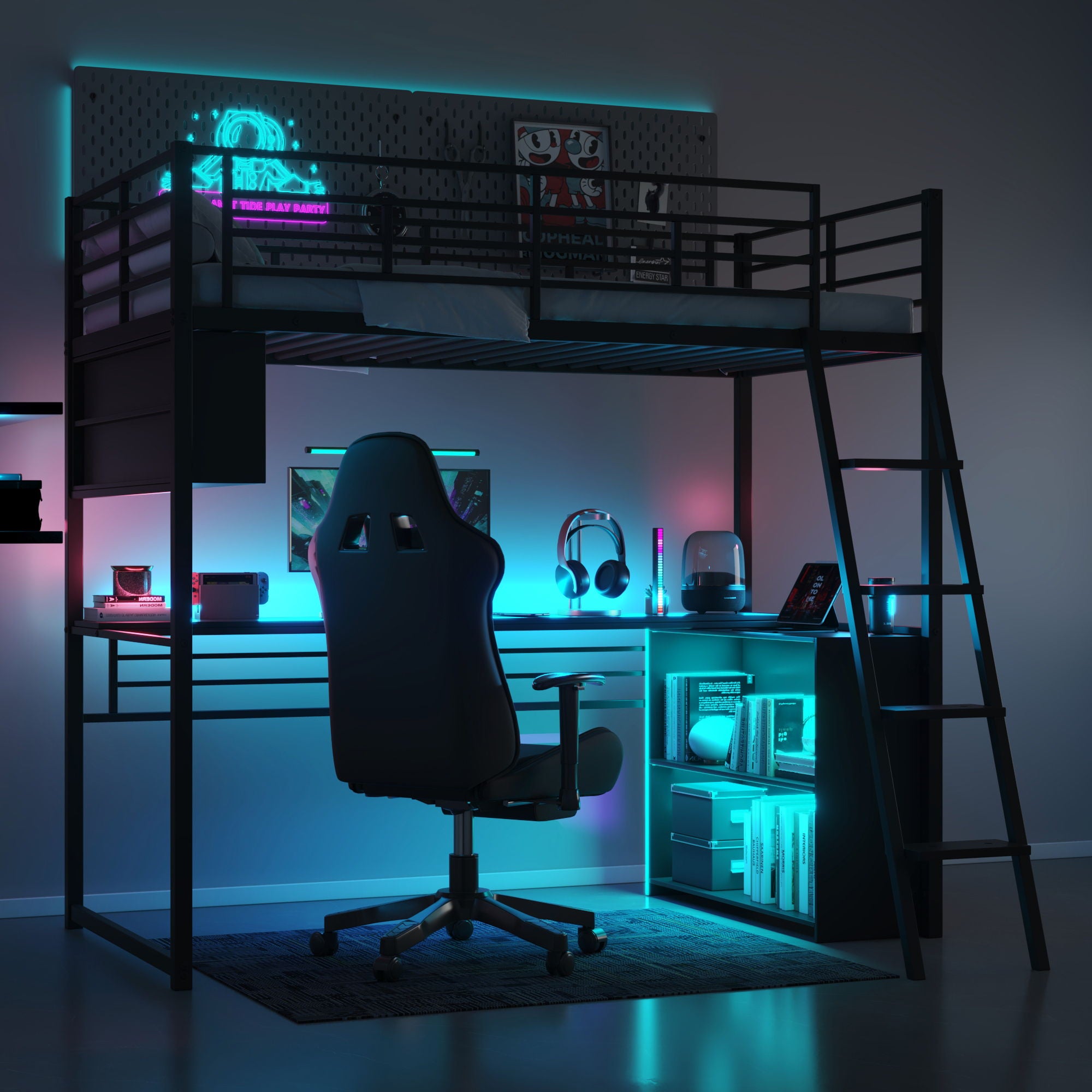 Loft Bed With LED Desk And 4 Storage Shelves