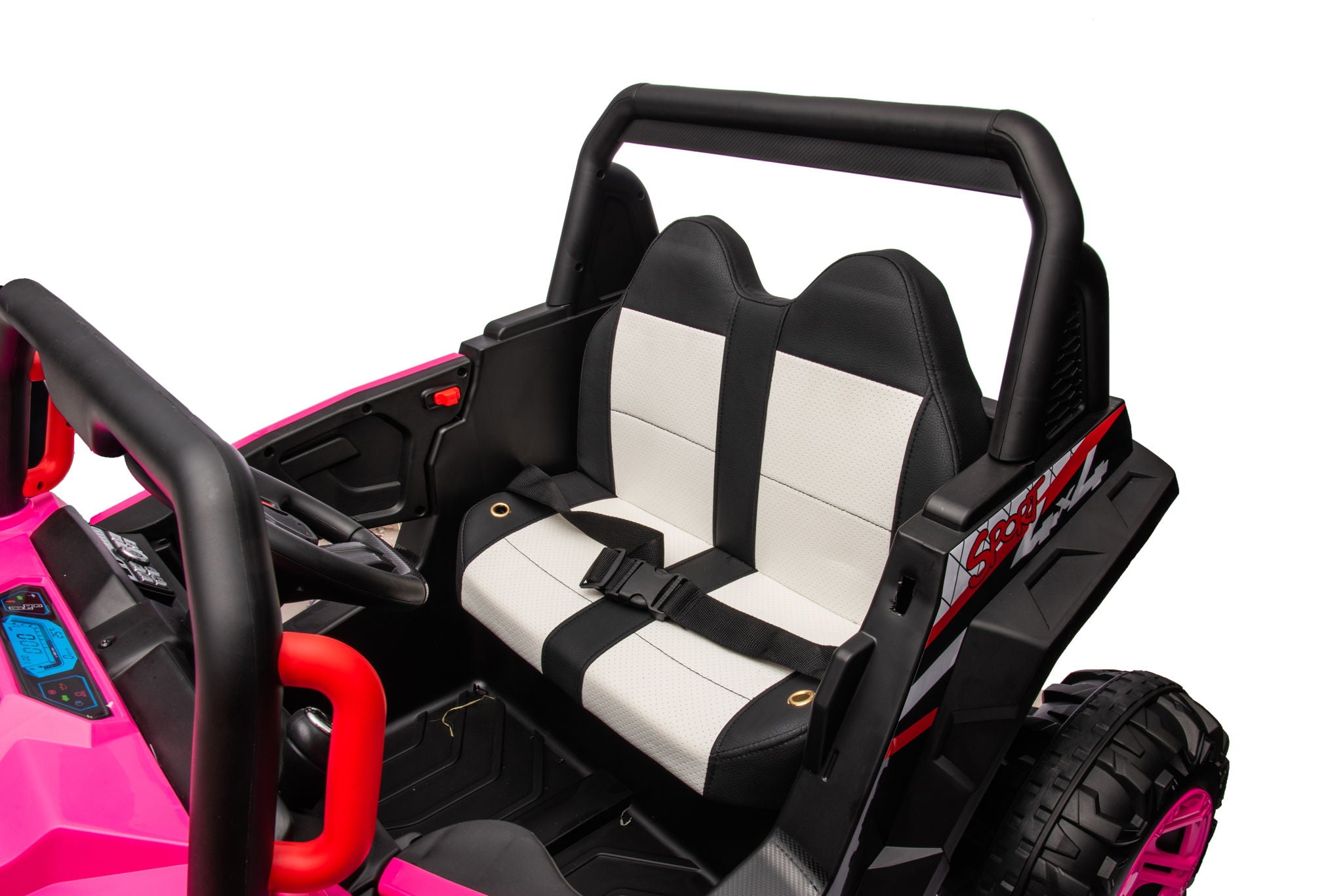 12V7A*1 30W*4 Four-Wheel Drive Seat One Button Start, Forward And Backward, High And Low Speed, Music, Front Light, Power Display, Two Doors Can Open, 2.4G R / C, Seat Belt Four Wheel Absorber