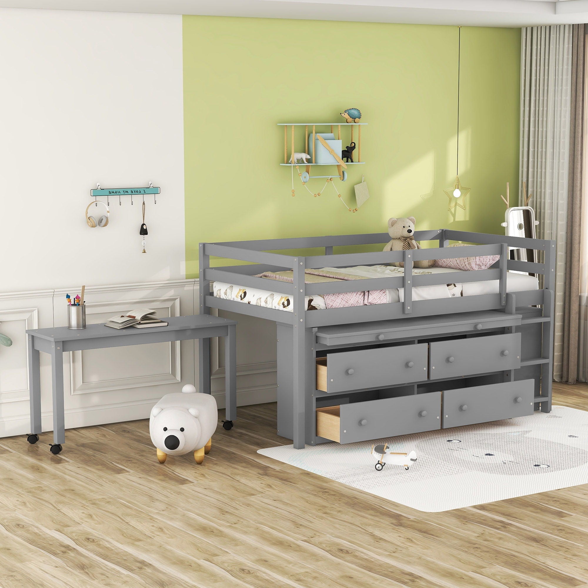 Loft Bed With Retractable Writing Desk And 4 Drawers, With Lateral Portable Desk And Shelves