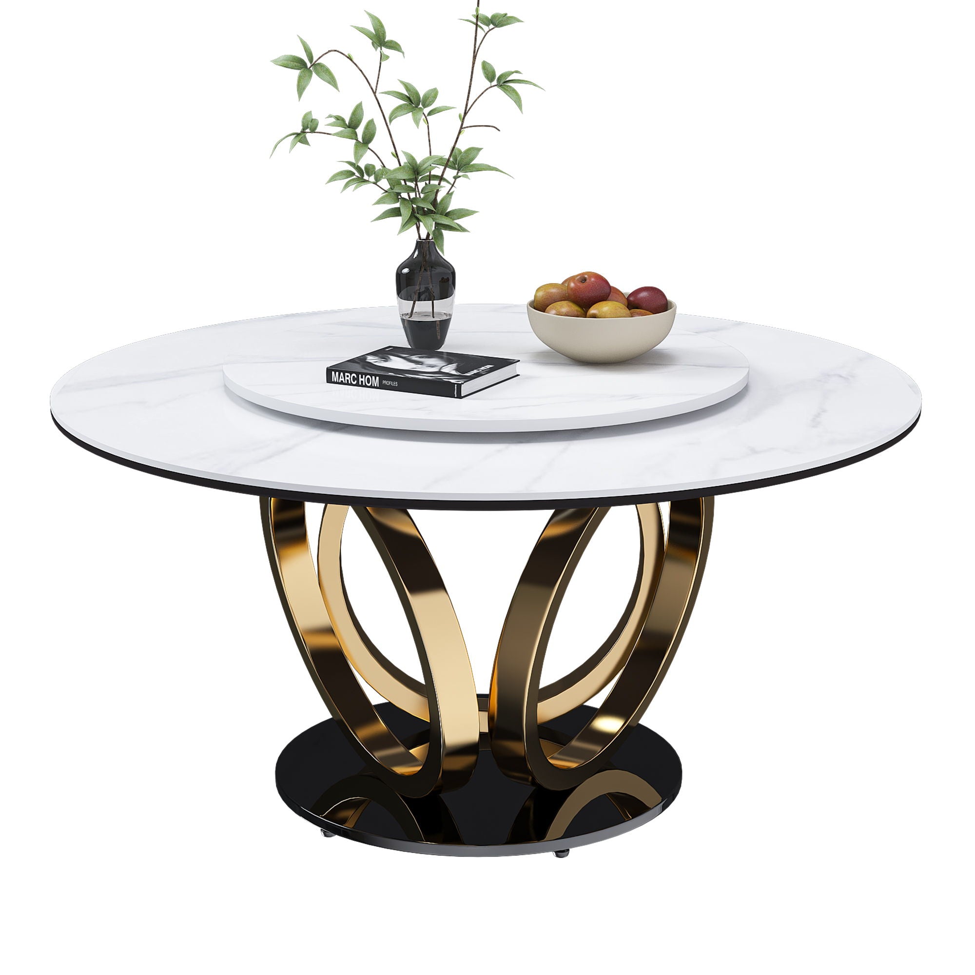 Round Dining Table With 360° Smooth Lazy Susan For Dining Room - Gold / Black / White