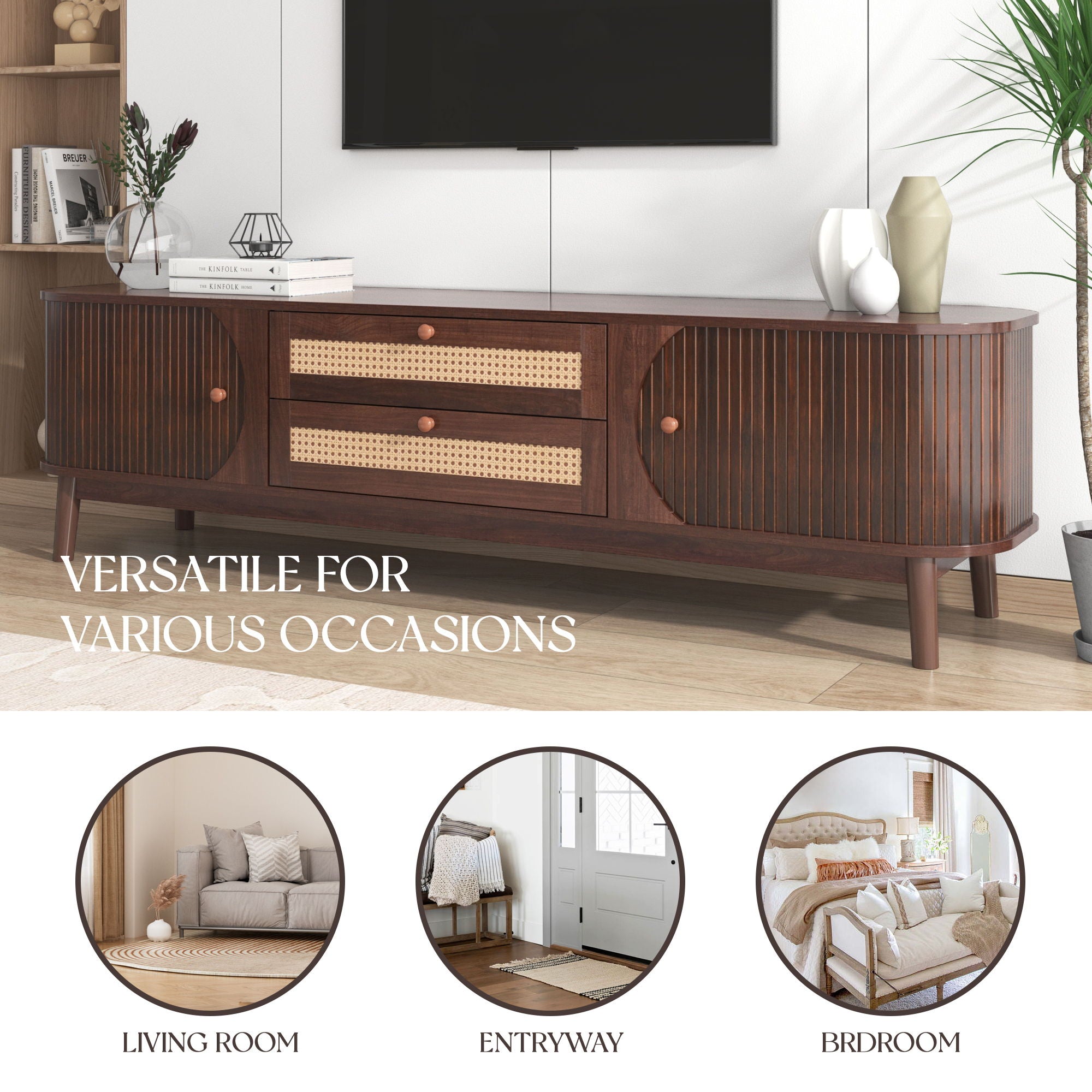 TV Stand For TVs Up To 75'', Cabinet With Drawers And Sliding Doors, Living Room Entertainment Console - Natural Wood / Brown