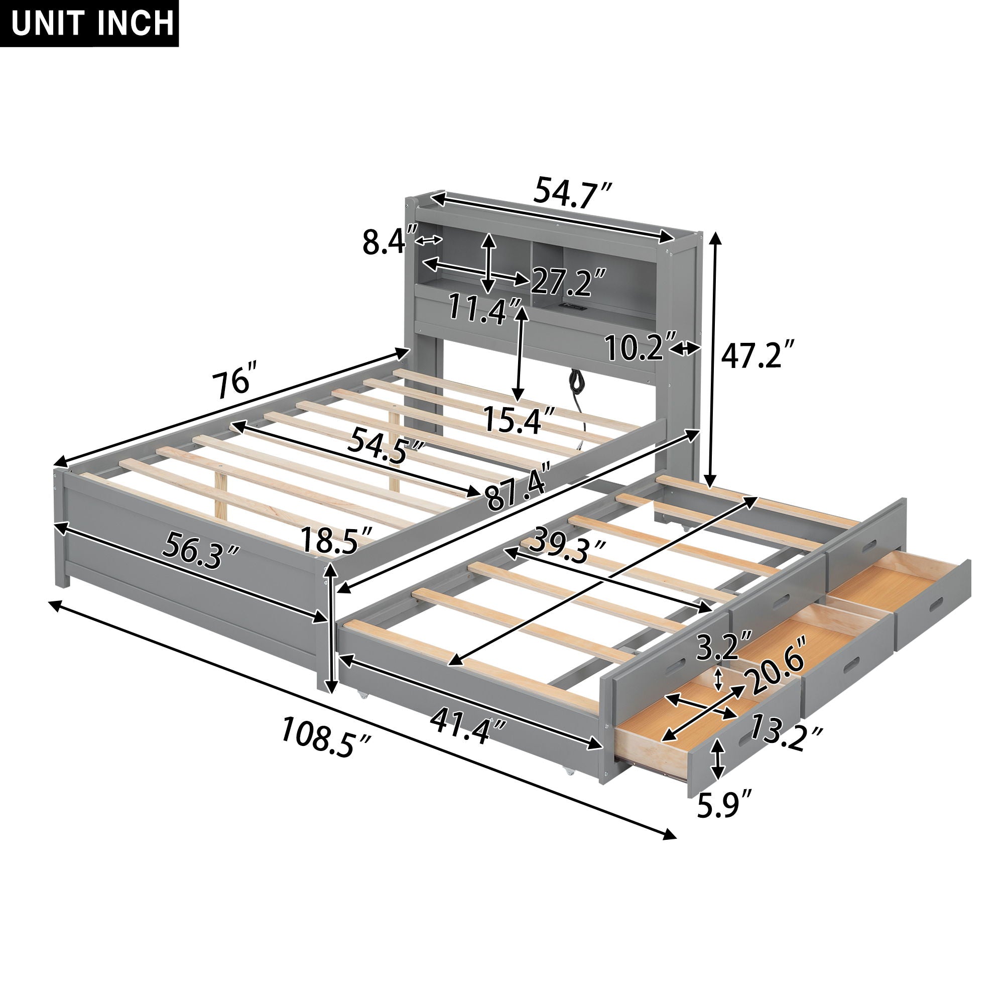 Full Size Platform Bed With Trundle, Drawers, USB Ports And Built In Shelves - Gray