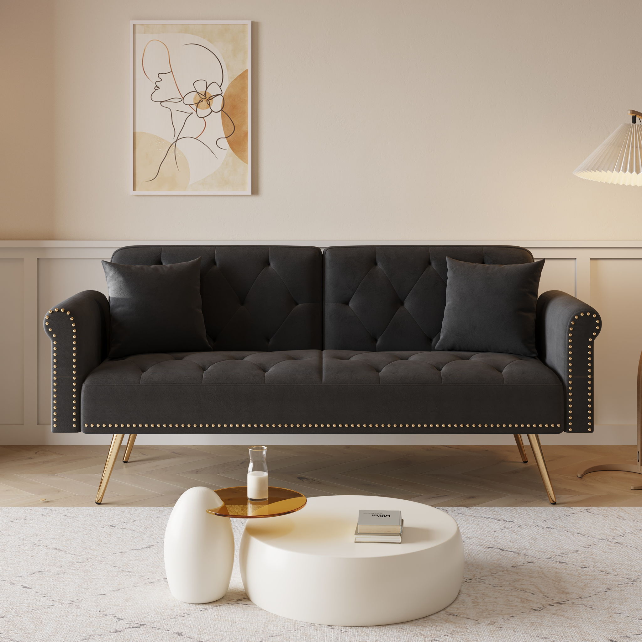 Luxurious Sofa Bed With Nail Head Trim And Matching Pillow