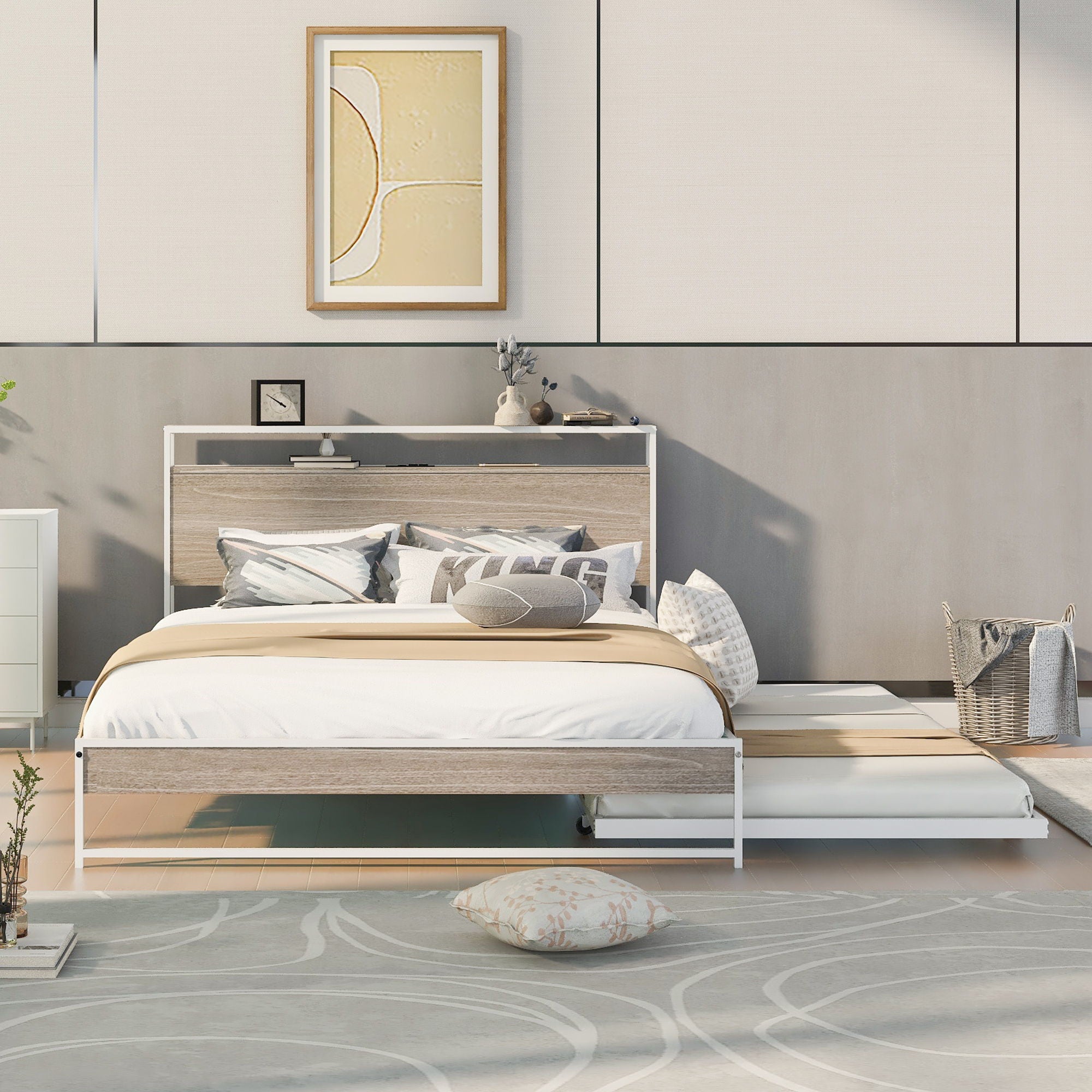 Platform Bed Frame With Trundle, USB Ports And Slat Support, No Box Spring Needed
