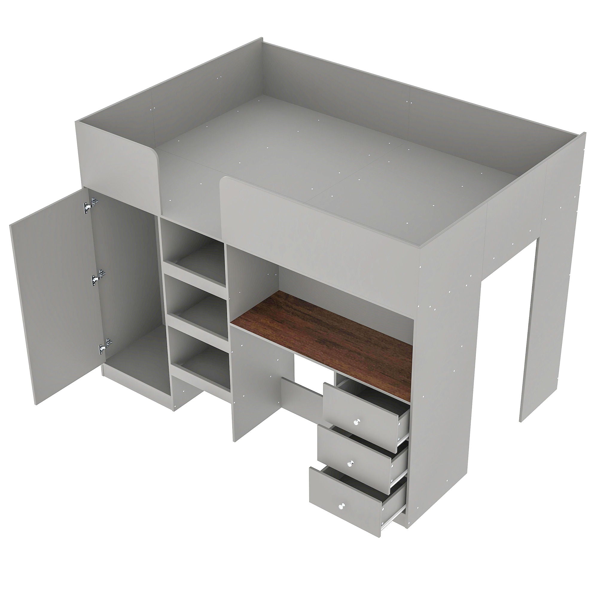 Loft Bed With Built In Wardrobe, Desk, Shelves, And Drawers