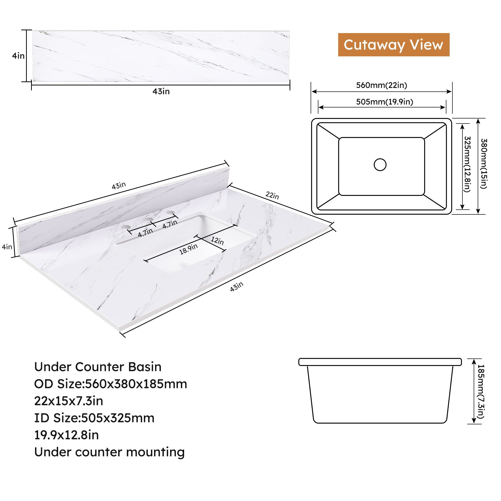 Bianco Carrara Venato Elegant Marble Vanity Top, Bathroom Vanity With Undermount Sink, Sintered Stone