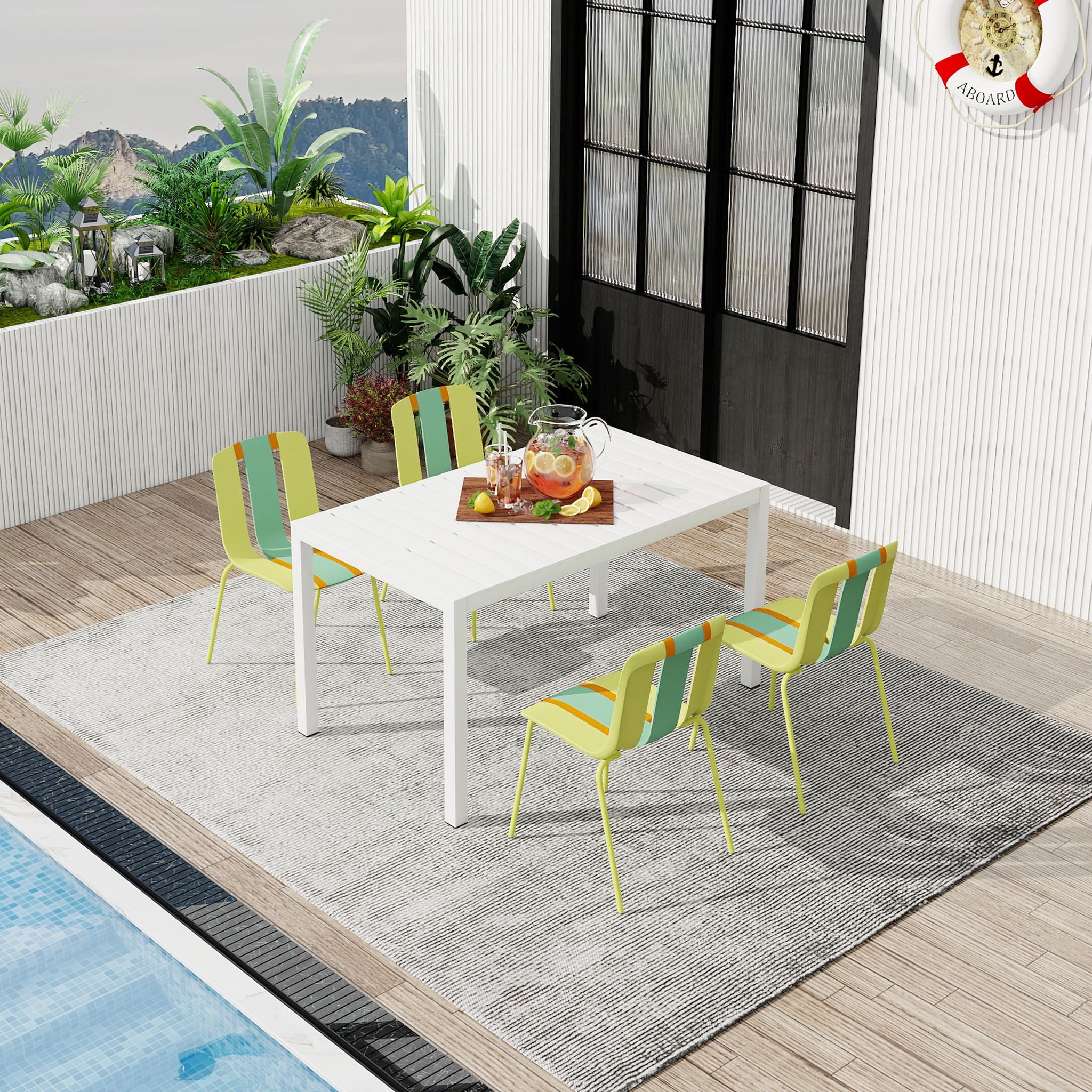 4 Piece Set Of Modern Striped Color- Blocking Single Chairs With Long Table