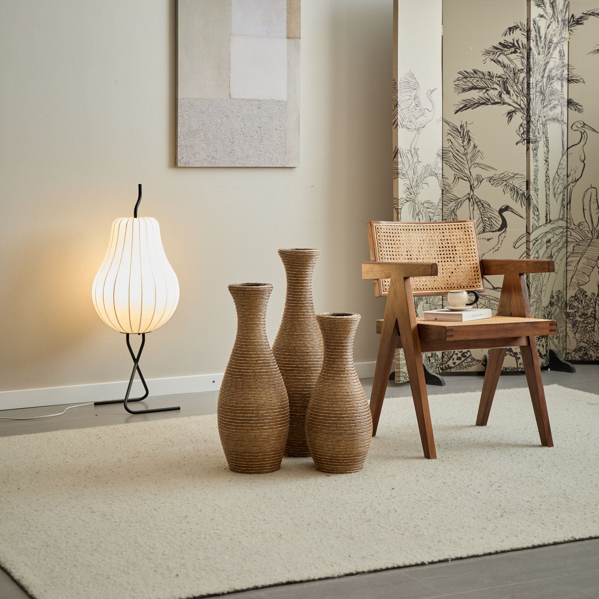 3 Piece Artificial Rattan Floor Vase Set Decorative Accent For Living Room, Hallway & Entryway, Ideal For Dried Or Silk Flower Arrangements - Beige