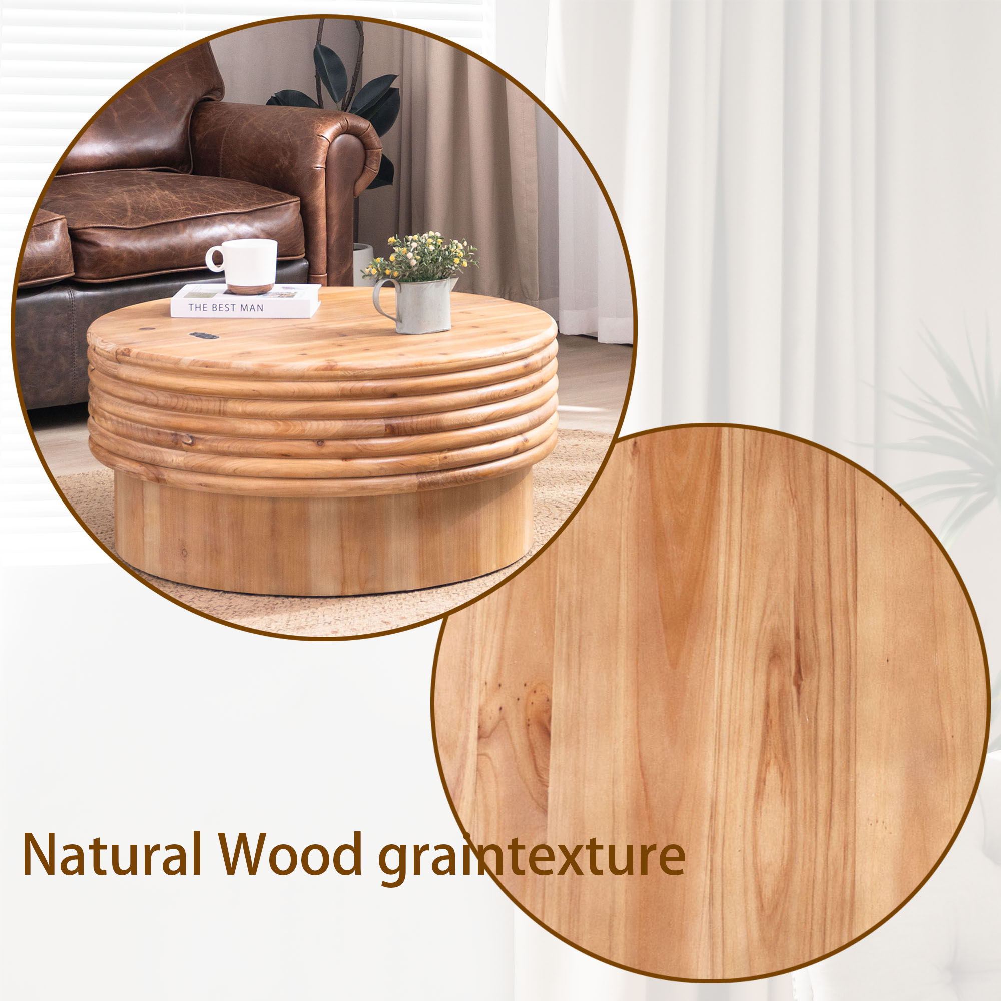 Round Wooden Coffee Table With Hidden Storage, Modern Rustic Centerpiece For Living Room - Multi / Natural / Rustic