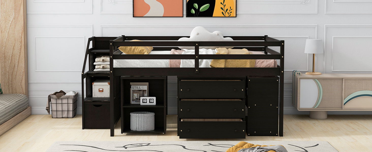 Loft Bed With Retractable Writing Desk And 3 Drawers With Storage Stairs And Shelves
