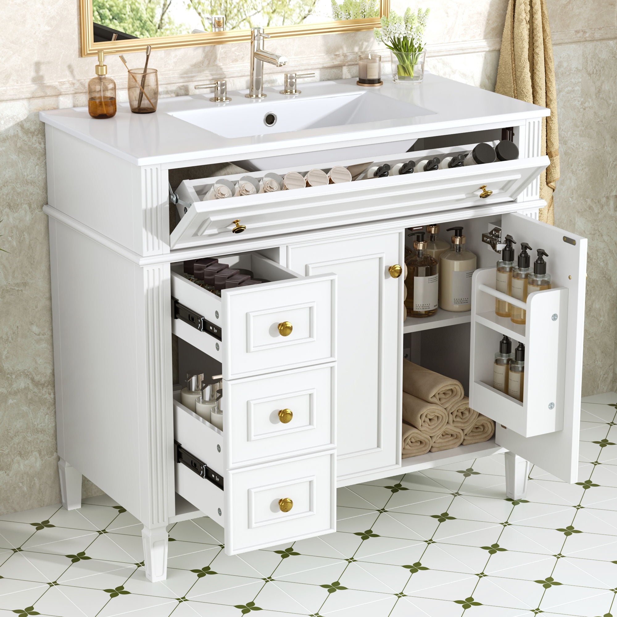 Bathroom Vanity With Sink, 3 Drawers & 2 Soft-Close Doors