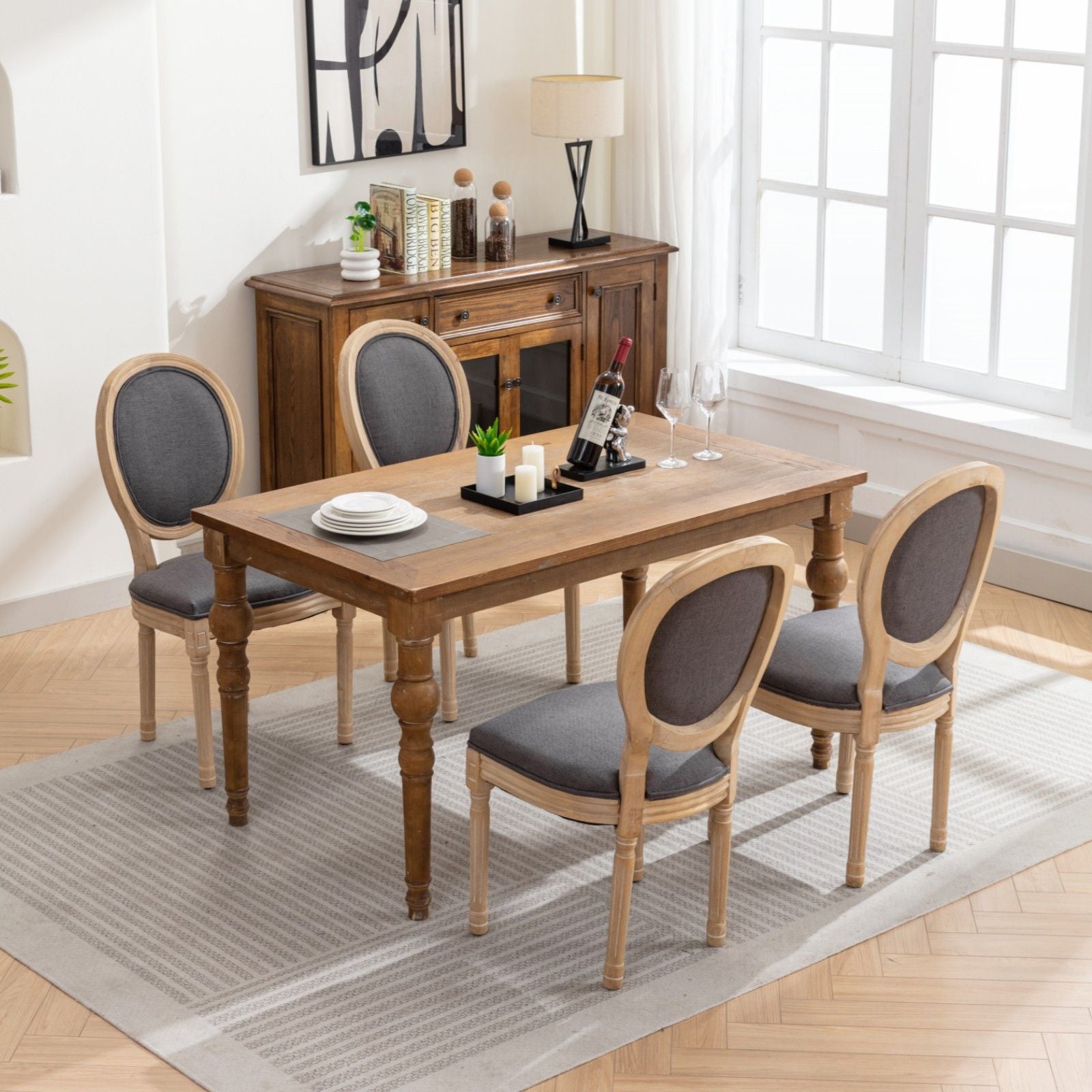 French Style Solid Wood Frame Antique Painting Fabric Back Dining Chair (Set of 2)