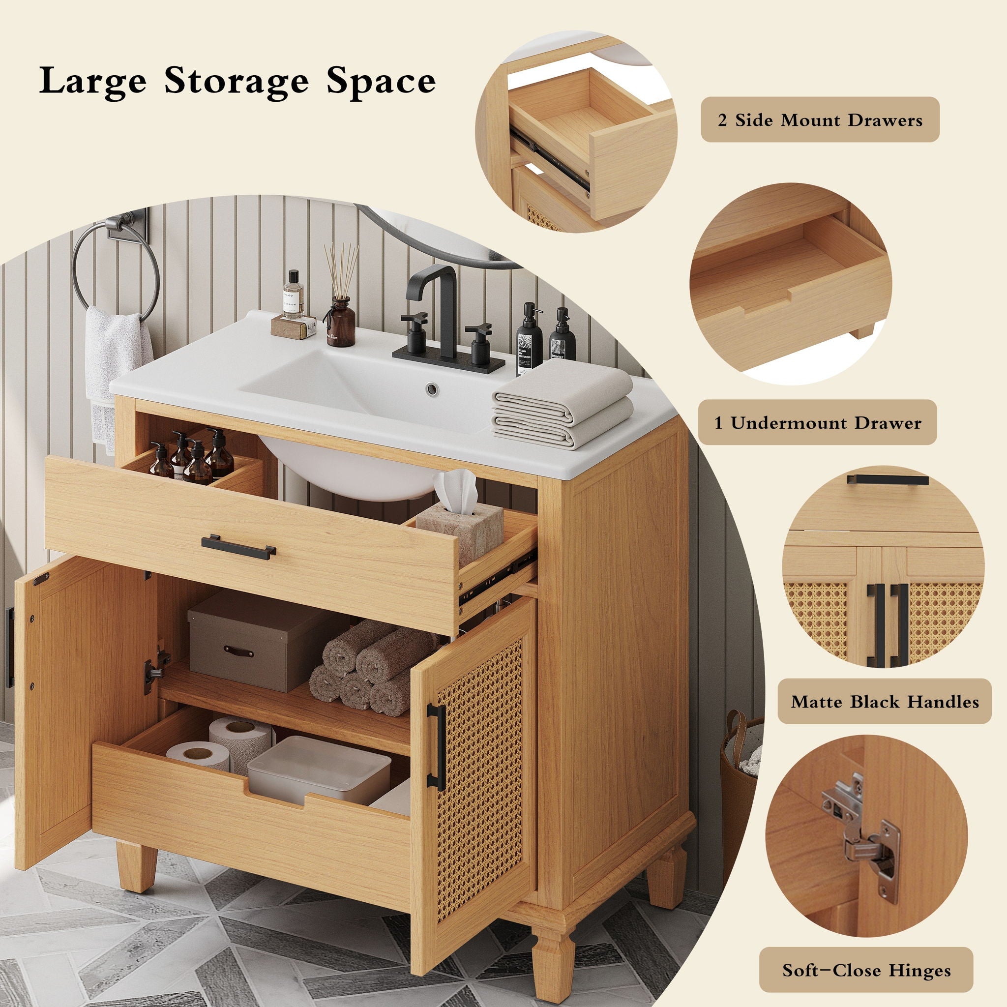 Bathroom Vanity With Ceramic Sink, Modern Free Standing Cabinet With Soft Close Drawers