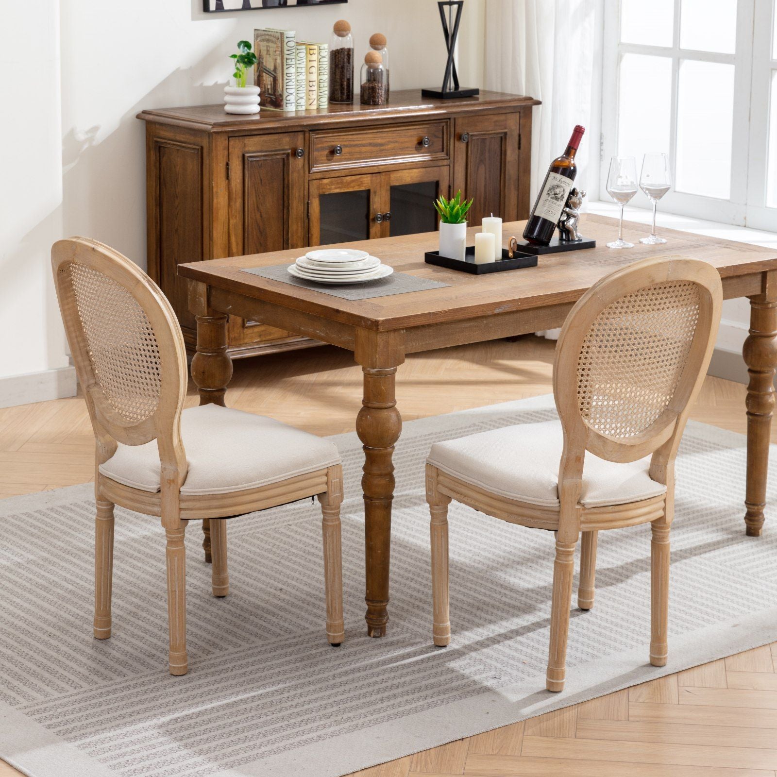 French Style Solid Wood Frame Antique Painting Fabric Rattan Back Dining Chair (Set of 2)