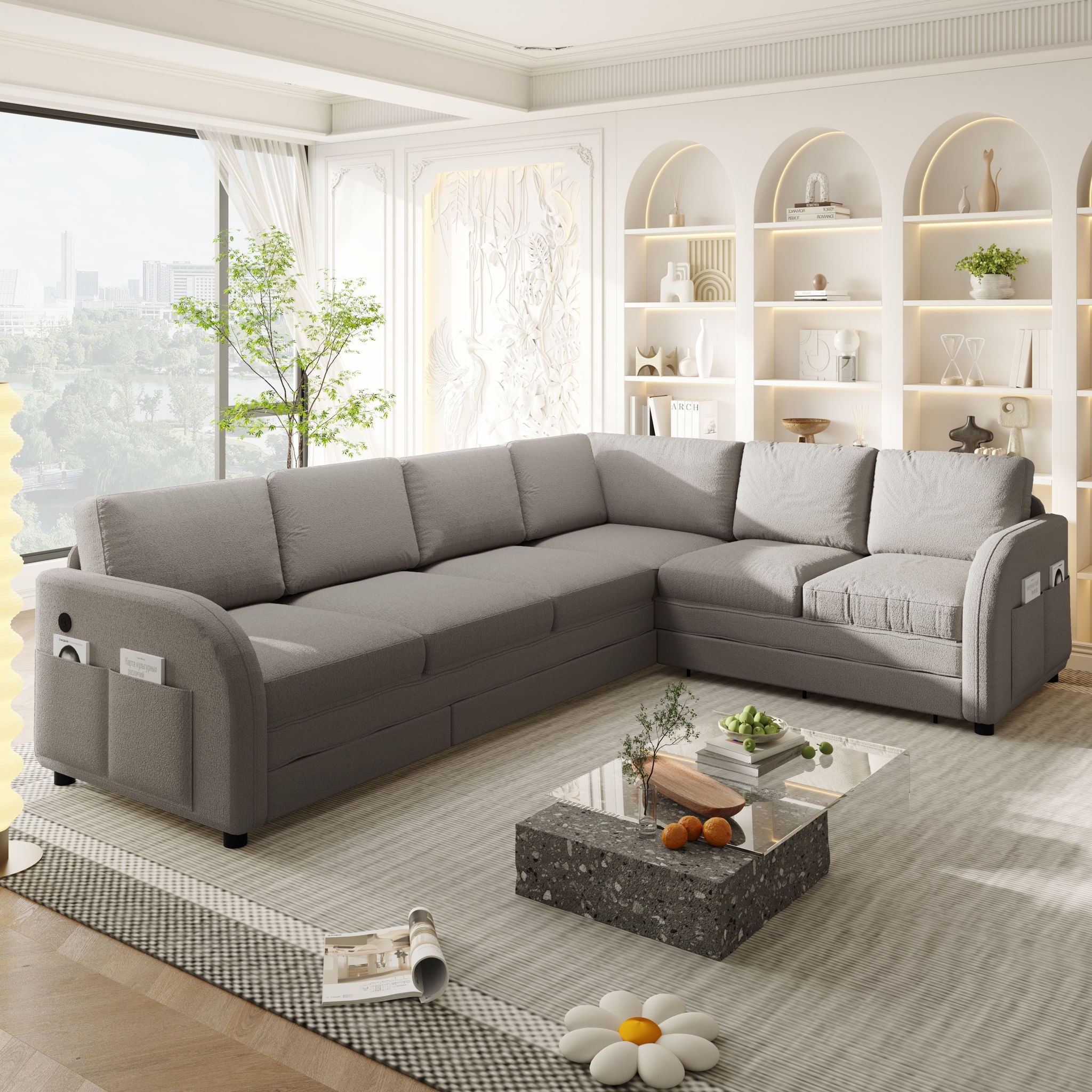 L-Shaped Couch With Pull-Out Bed, Convertible Sleeper Sofa With Side Pocket & USB Port